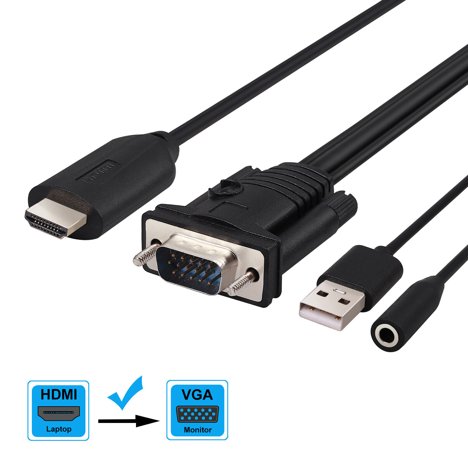 HDMI to VGA Converter 1080P Adapter w/ Female 3.5mm Audio Cable Cord For Xbox TV