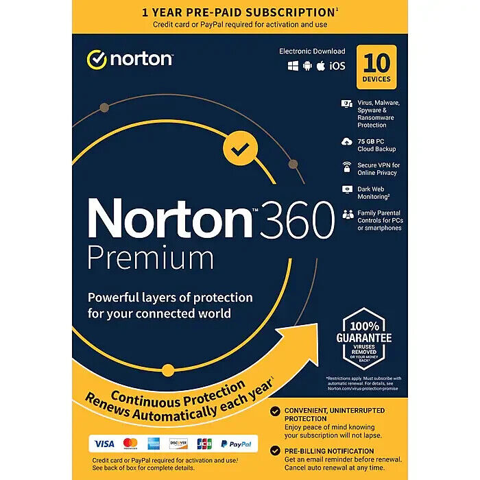 Norton 360 Premium 10 Devices 2023 VPN Antivirus Cloud Software 1 year Key card