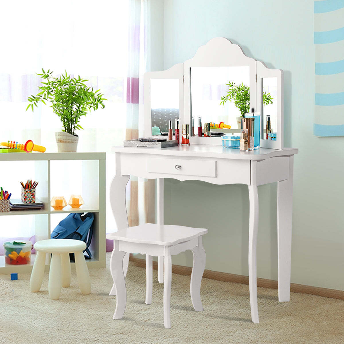 NNECW Kids Dressing Table Set with Stool & Mirror for Children Ages 3-7-White