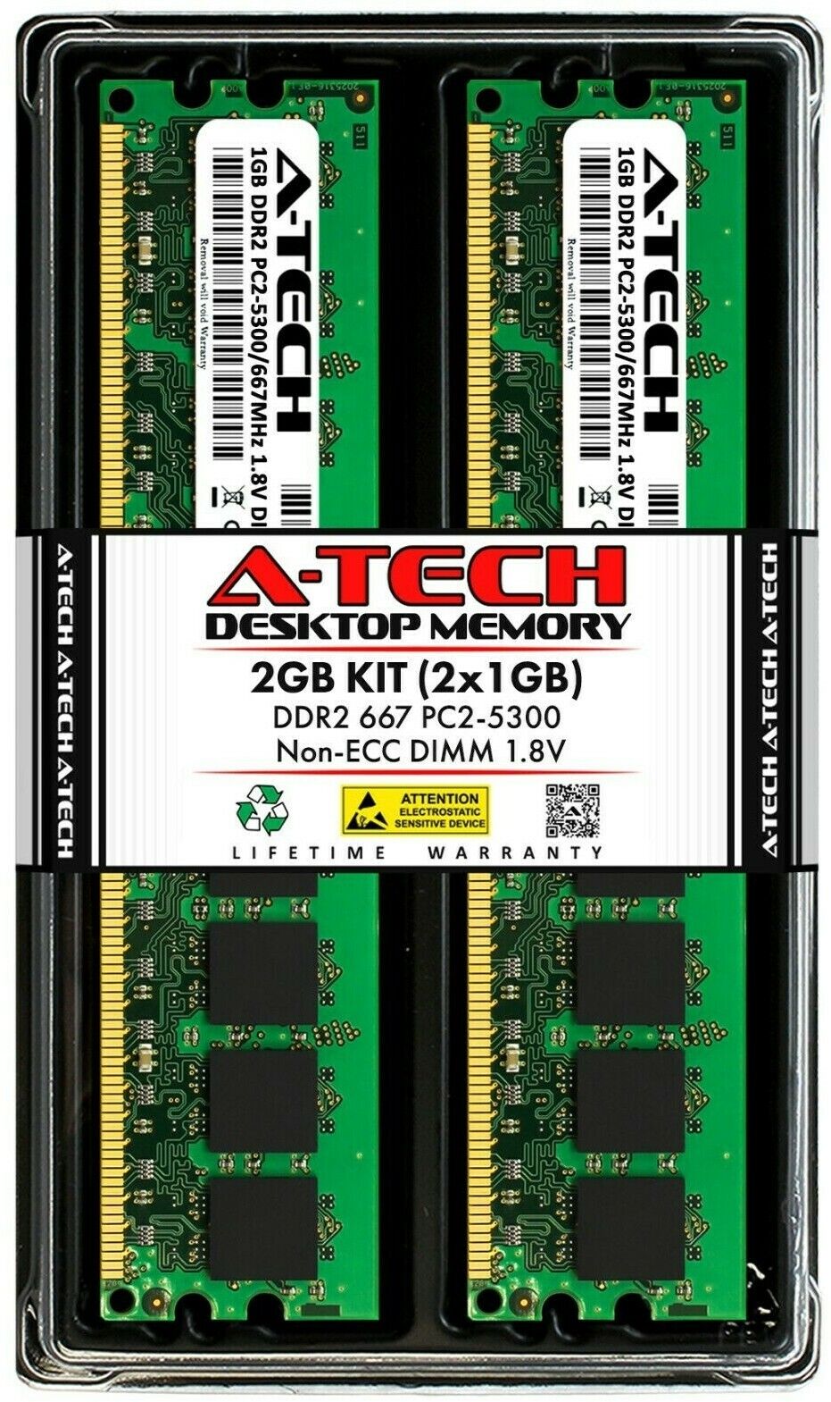 A-Tech 2GB 2 x 1GB PC2-5300 Desktop DDR2 667 MHz DIMM 240-Pin Memory RAM 2G 1G