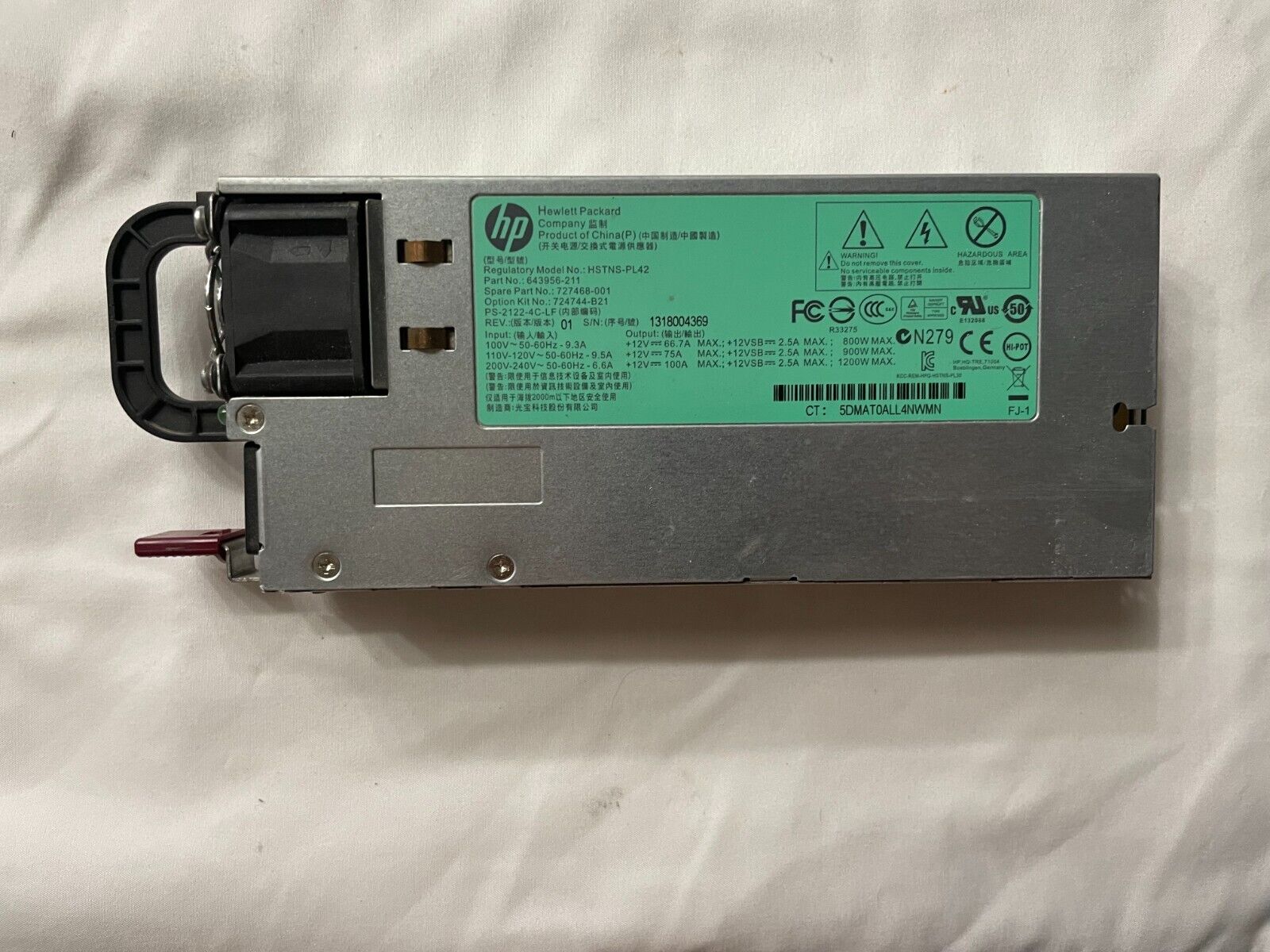 HP HSTNSPL11 Proliant 1200W Hot Plug Power Supply - 438203001
