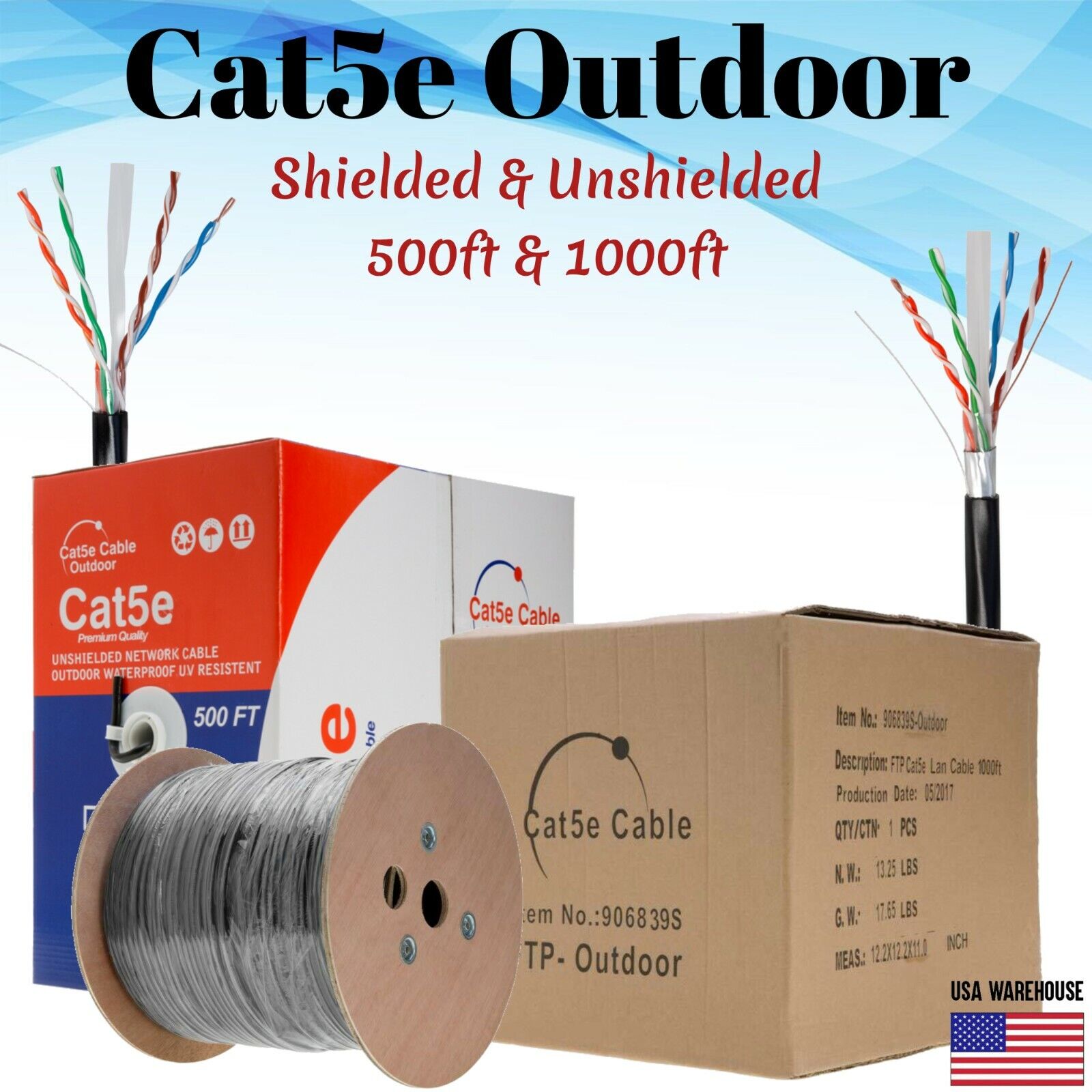 CAT5e CAT5 Outdoor Ethernet Bulk Cable 500ft 1000ft UTP FTP Direct Burial Solid