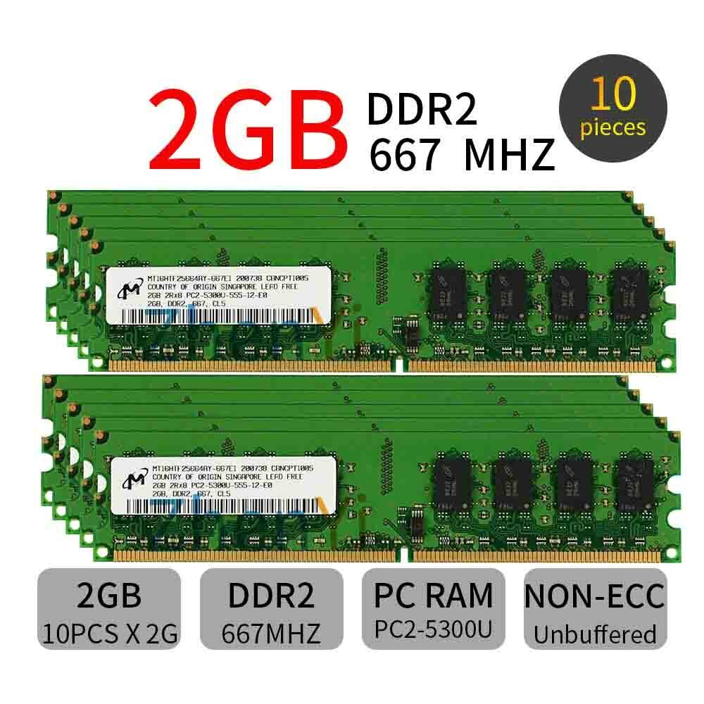 For Micron 10PCS 2GB 2G DDR2-667MHz PC2-5300U 1.8V DIMM RAM Desktop Memory
