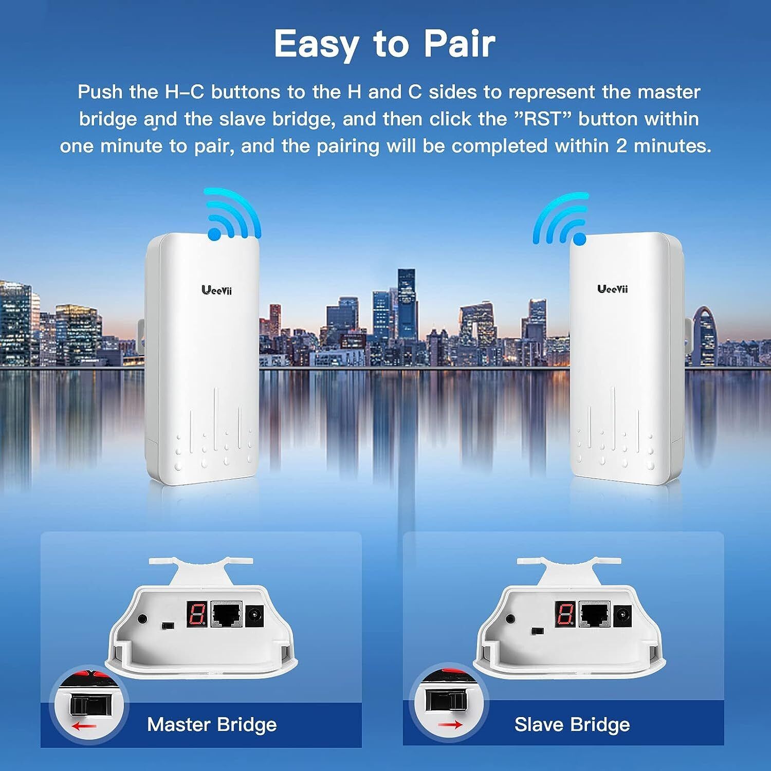 UeeVii 2 Pack 2.4G Wireless Bridge 1KM 100Mbps Point to Point Outdoor CPE 8dBi