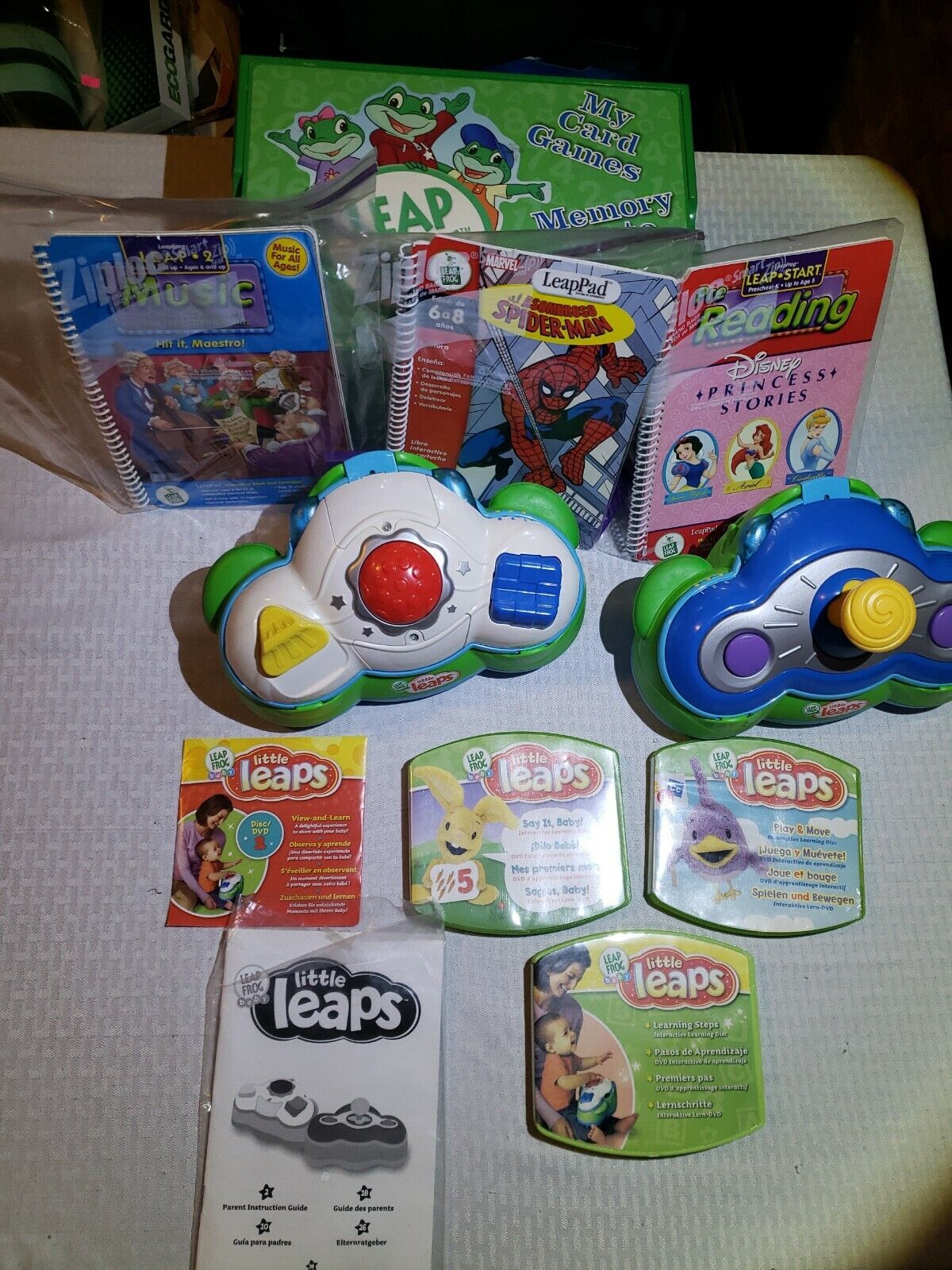 Leap Frog Little Leaps Learning Console W/ Games LeapPad Books Wood Storage Box