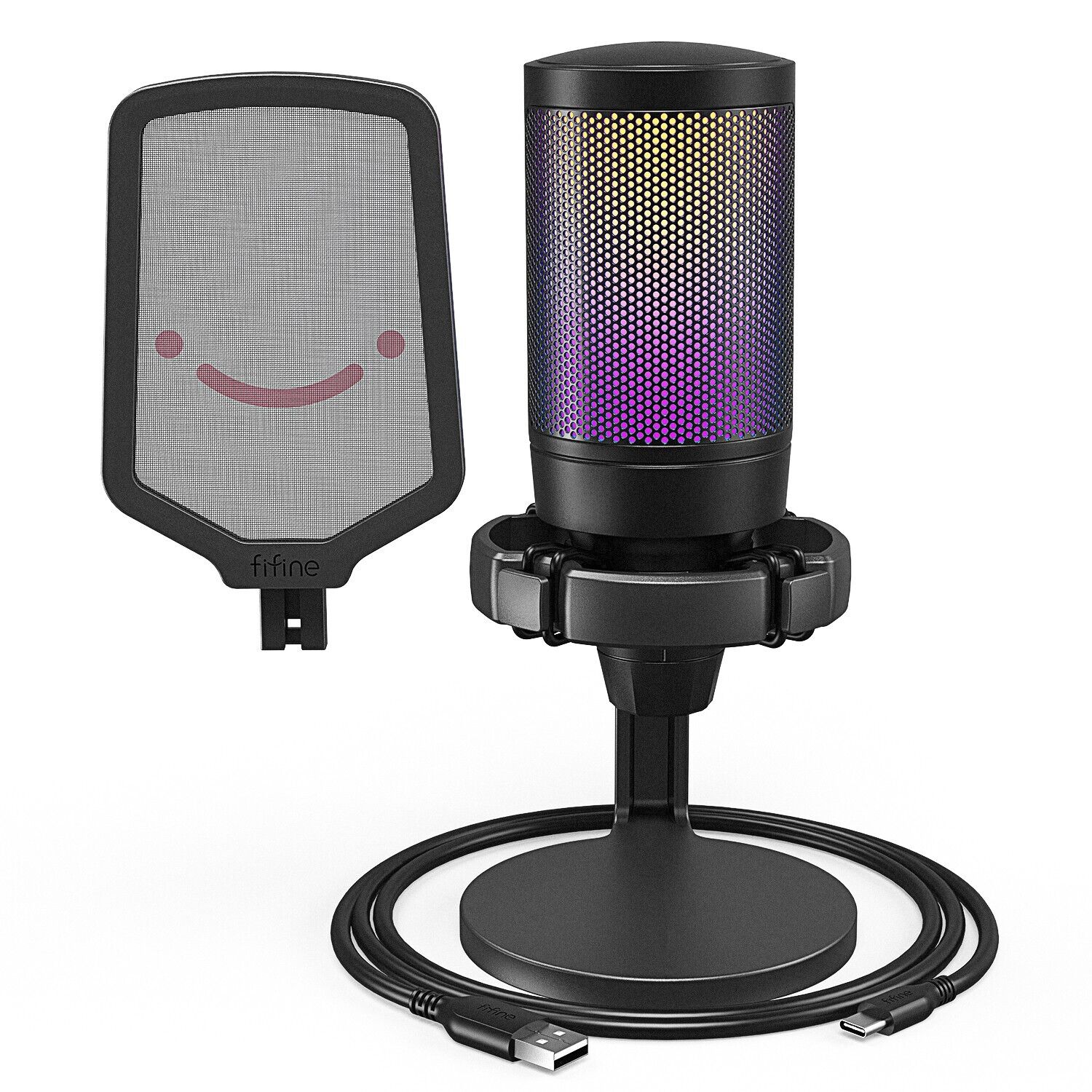 FIFINE PC Gaming USB Microphone for PS4 PS5, Condenser Mic with Quick Mute, RGB