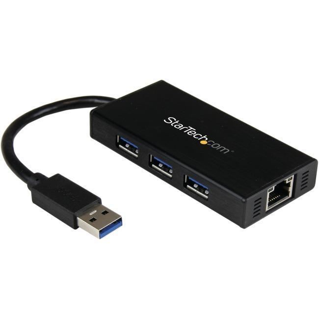 StarTech.com 3 Port Portable USB 3.0 Hub with Gigabit Ethernet Adapter NIC - Alu