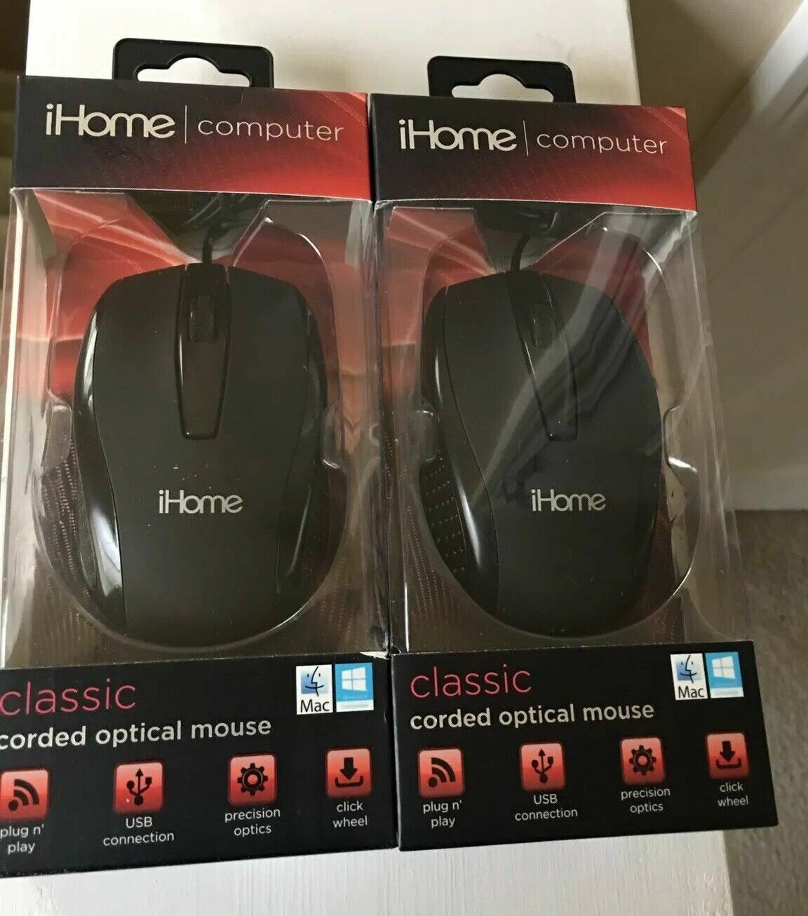 2 Pack- iHome Computer Classic Corded Optical Mouse - Black