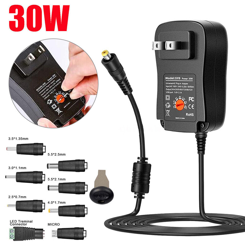 30W Universal Power Adapter AC DC 3V-12V Multi Voltage Charger Converter 8 Tips