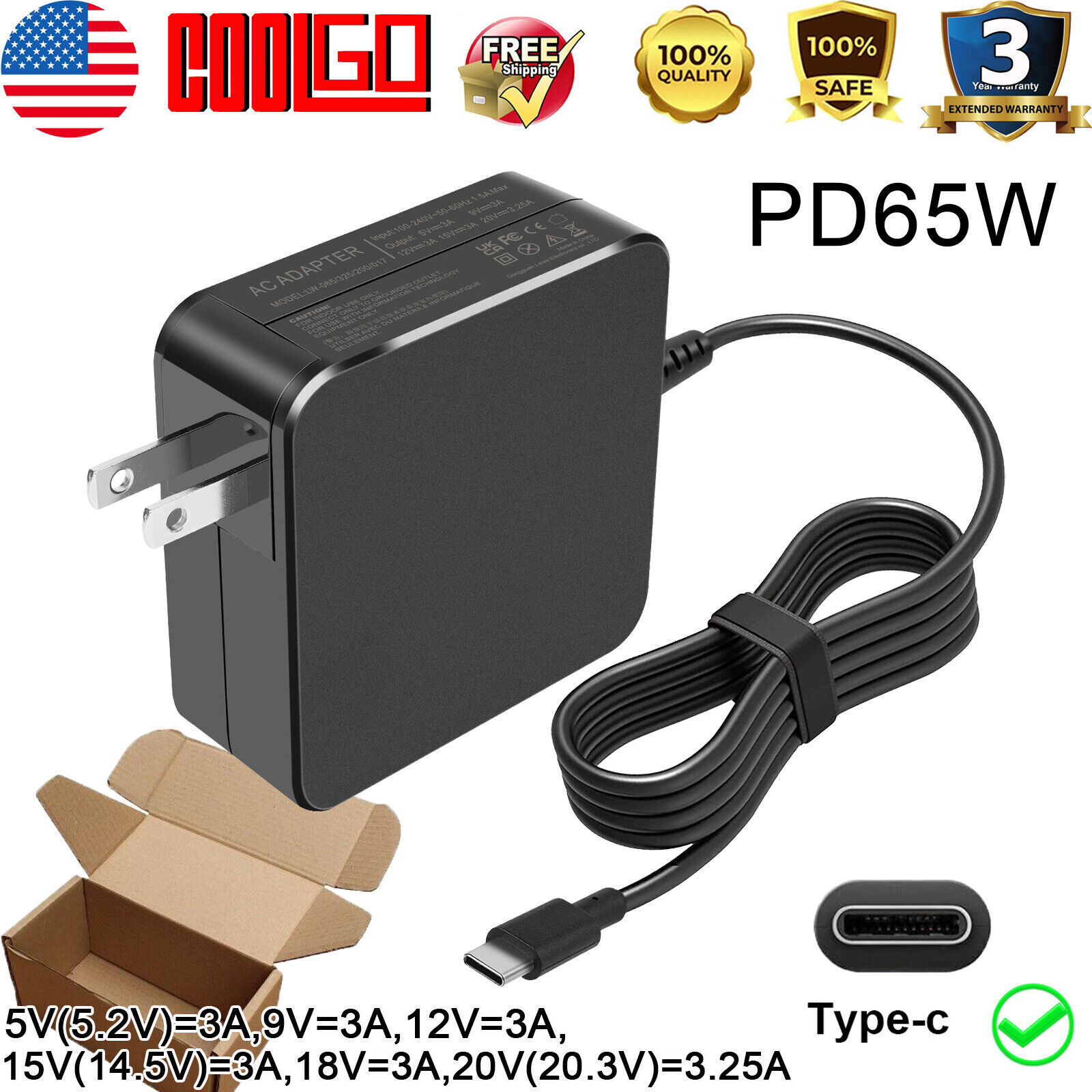 65W Type-C USB-C Laptop Adapter Charger for Dell HP Lenovo ASUS Acer Smart Phone
