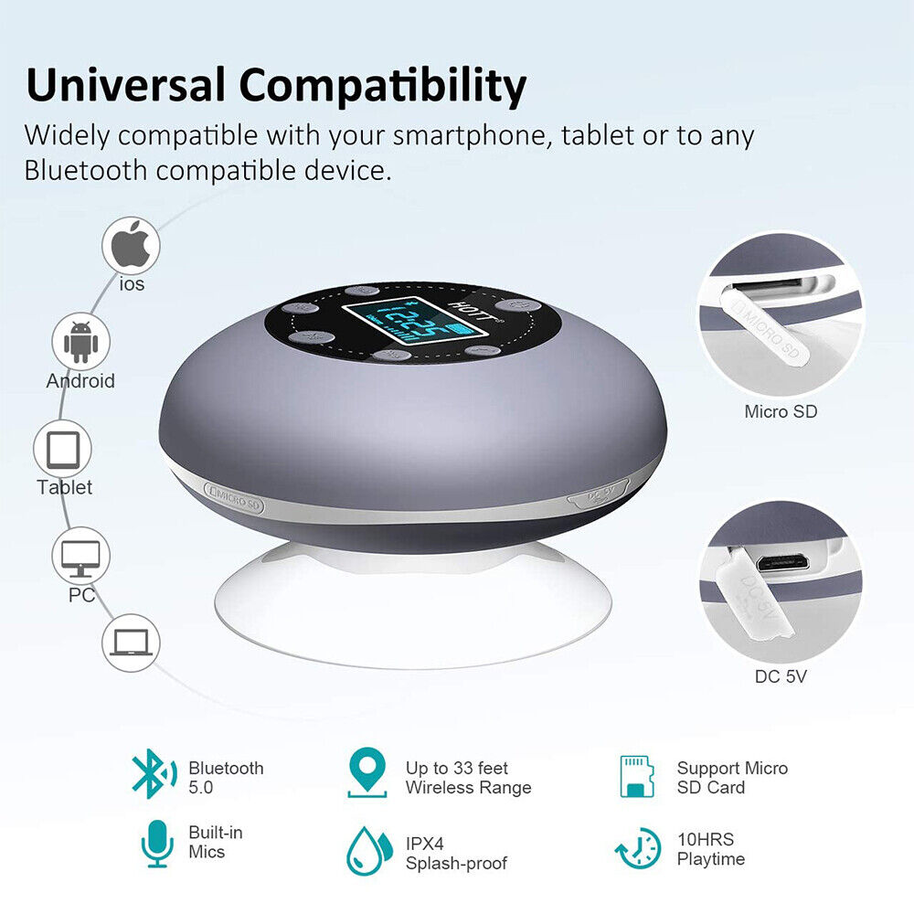 Wireless Bluetooth Speaker LCD Clock Handsfree Waterproof for Bathroom Shower