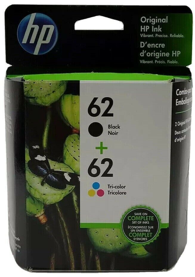 HP 62 Black Tri-Color Ink Cartridges N9H64FN C2P04AN C2P06AN Genuine Foil Packs