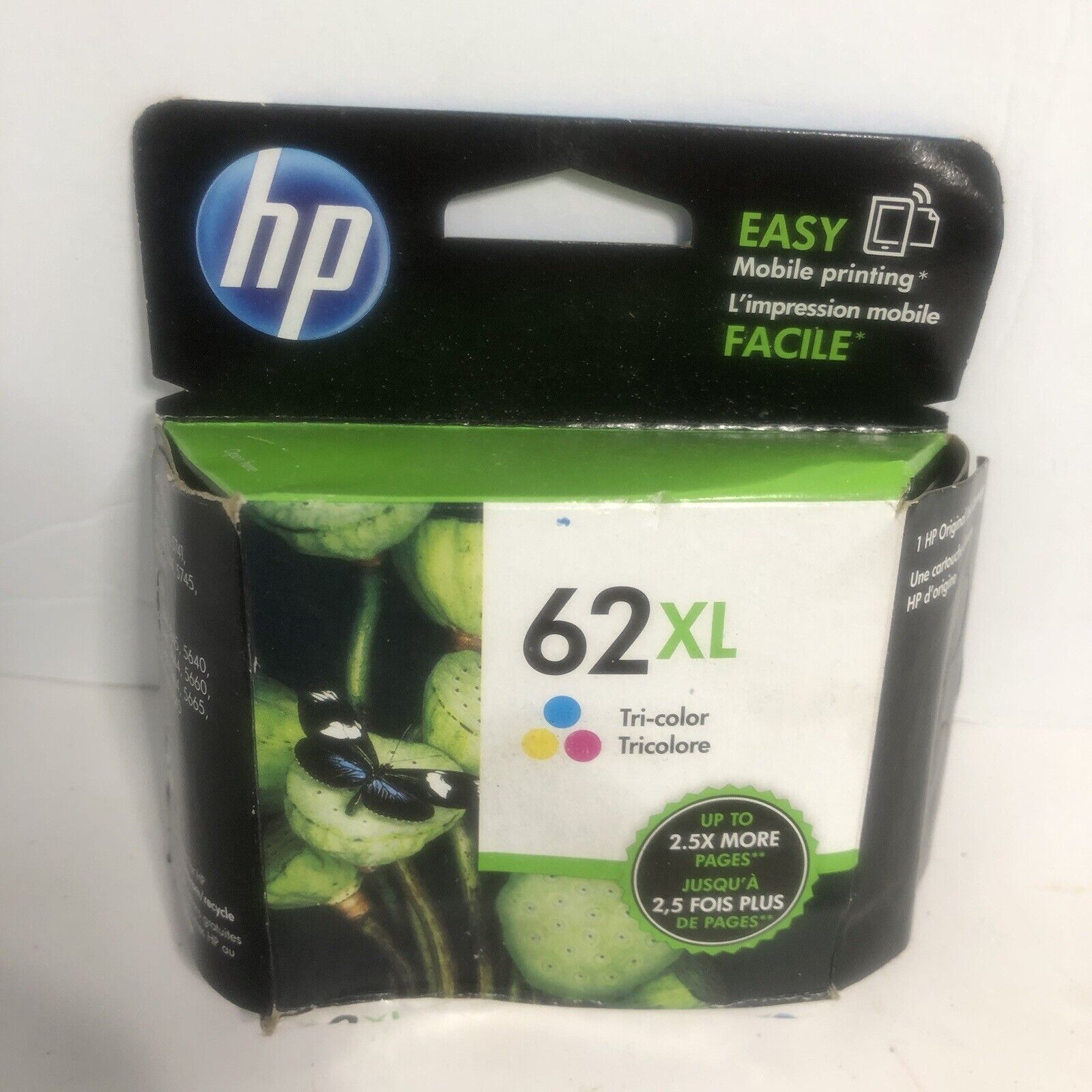 Genuine HP 62XL (C2P07AN) Tri Color Ink Cartridge Dated 07/2019 Bent Box