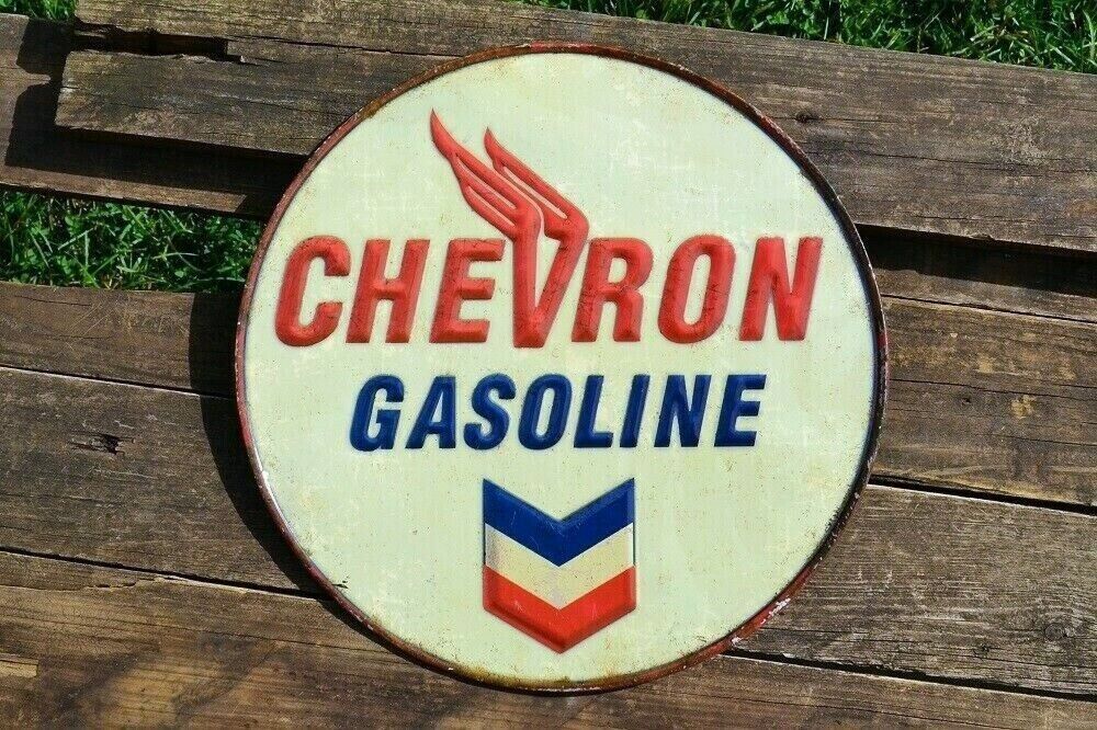 Chevron Gasoline Embossed Tin Metal Sign - Gas - Standard Oil Company - Gulf