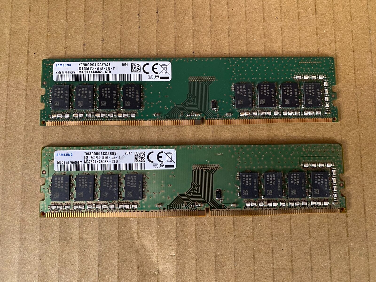 LOT 2 SAMSUNG 16GB(2X8GB) 1RX8 PC4-2666V MEMORY M378A1K43CB2-CTD I5-1(16)