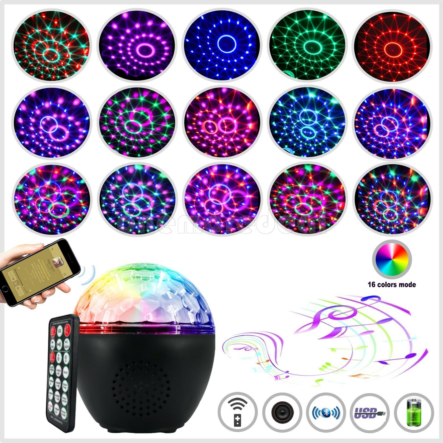 16-Color LED Stage Crystal Magic Ball Lights Bluetooth Speaker Remote Control dl