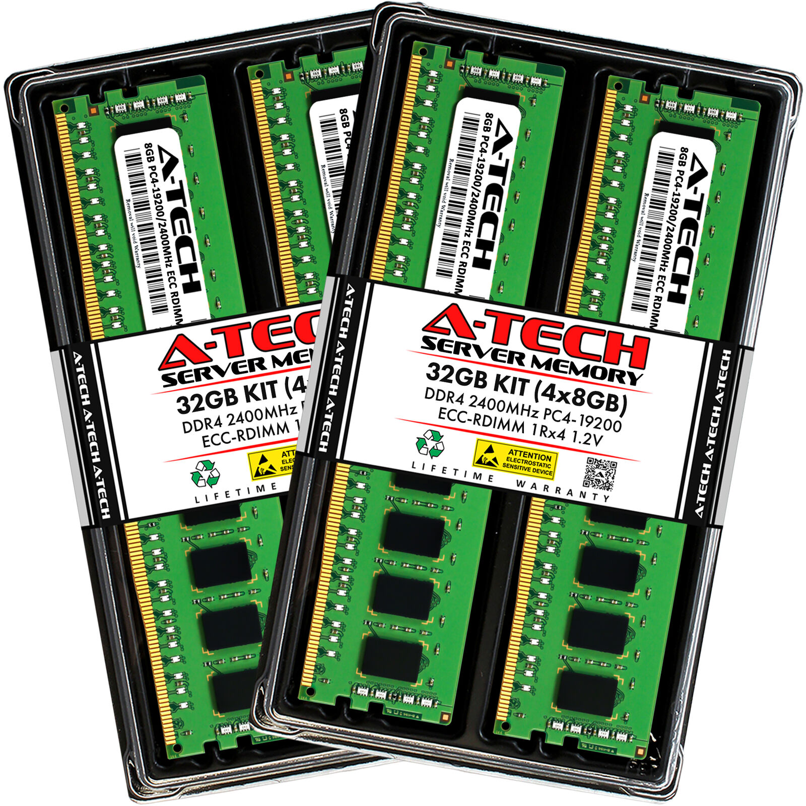 A-Tech 32GB 4x 8GB 1Rx4 PC4-19200R DDR4 2400 MHz ECC REG RDIMM Server Memory RAM