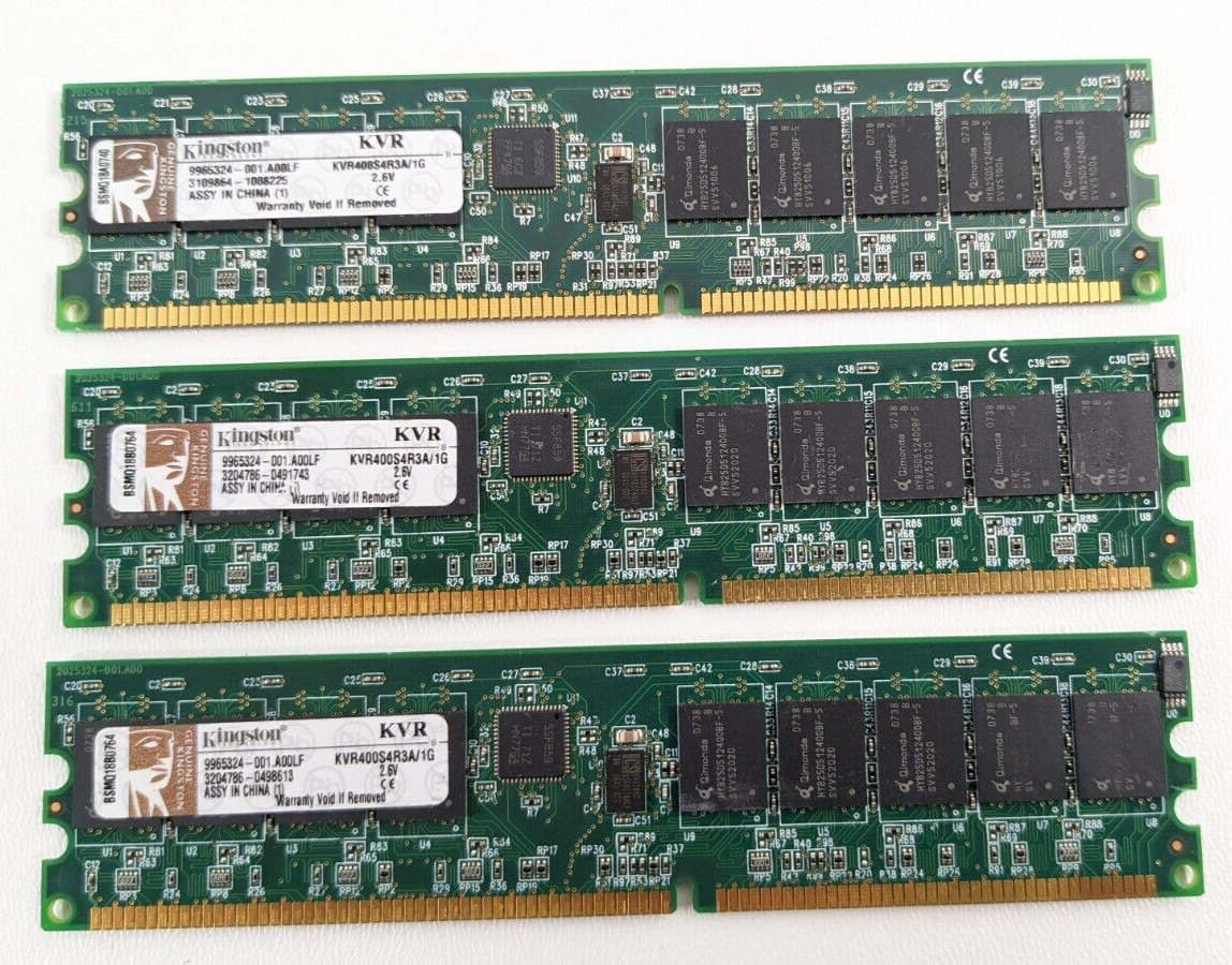 Lot of 3 KVR400S4R3A/1G Kingston 1GB PC3200 DDR-400MHz CL3 DIMM 2.5V Memory