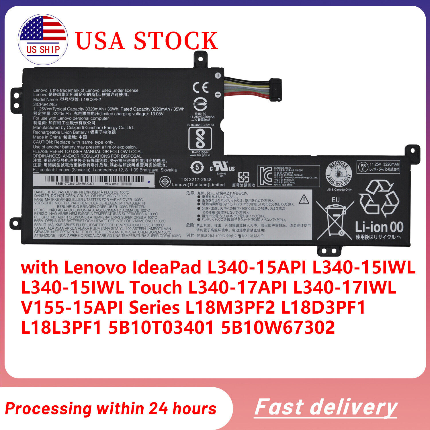 Genuine L18C3PF2 L18M3PF2 battery fr Lenovo Ideapad L340-15IWL 17IWL L18D3PF1 US