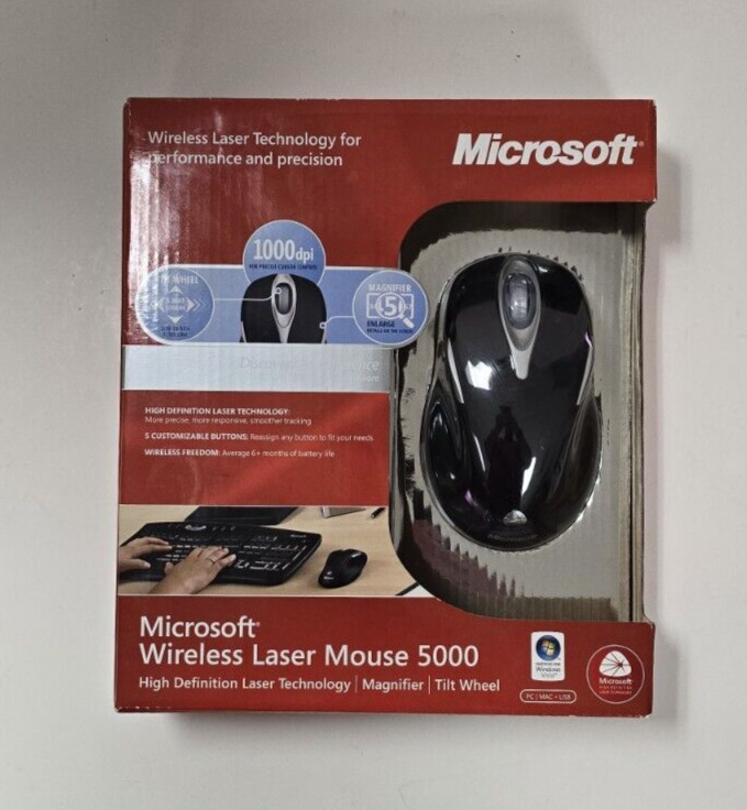 NEW AND SEALED Microsoft Wireless Laser Mouse 5000 1000 dpi Tilt Wheel Magnifier