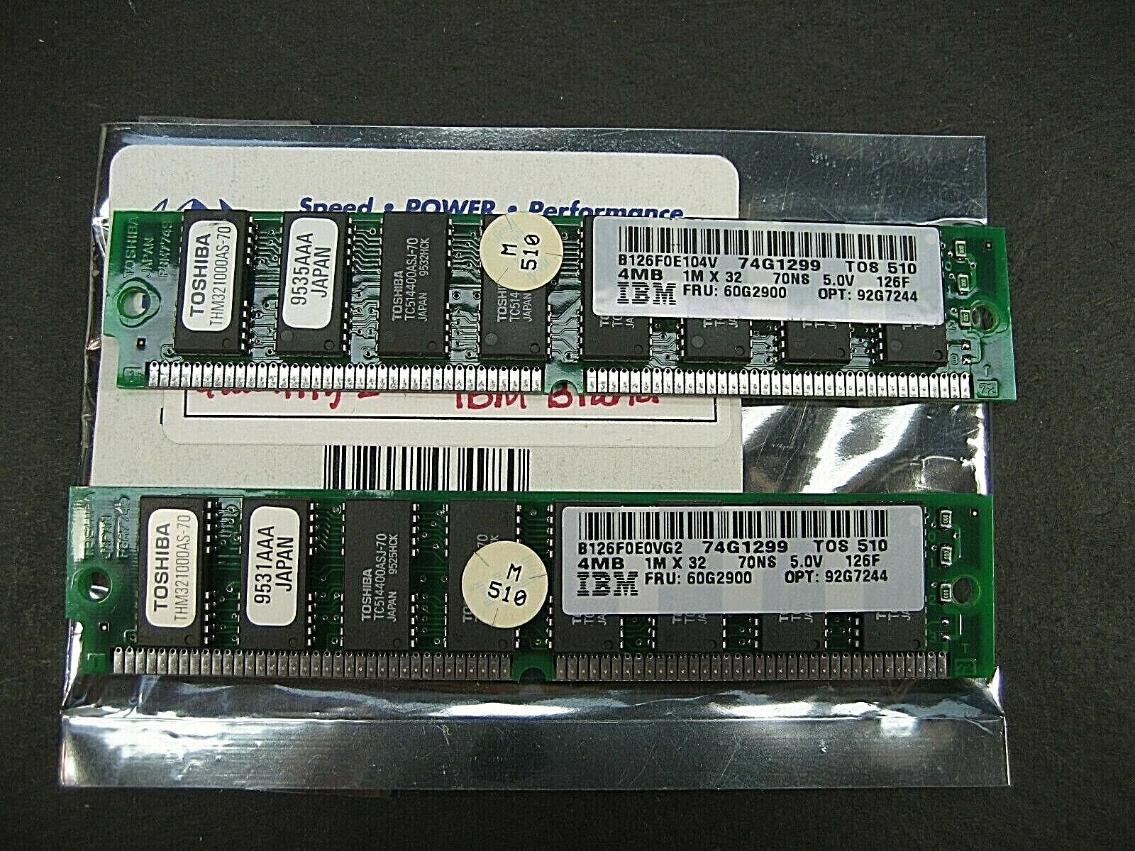 Pair (2) 4MB  IBM  1MX32 70NS 5.0V MEMORY RAM STICKS 74G1299 60G2900 92G7244