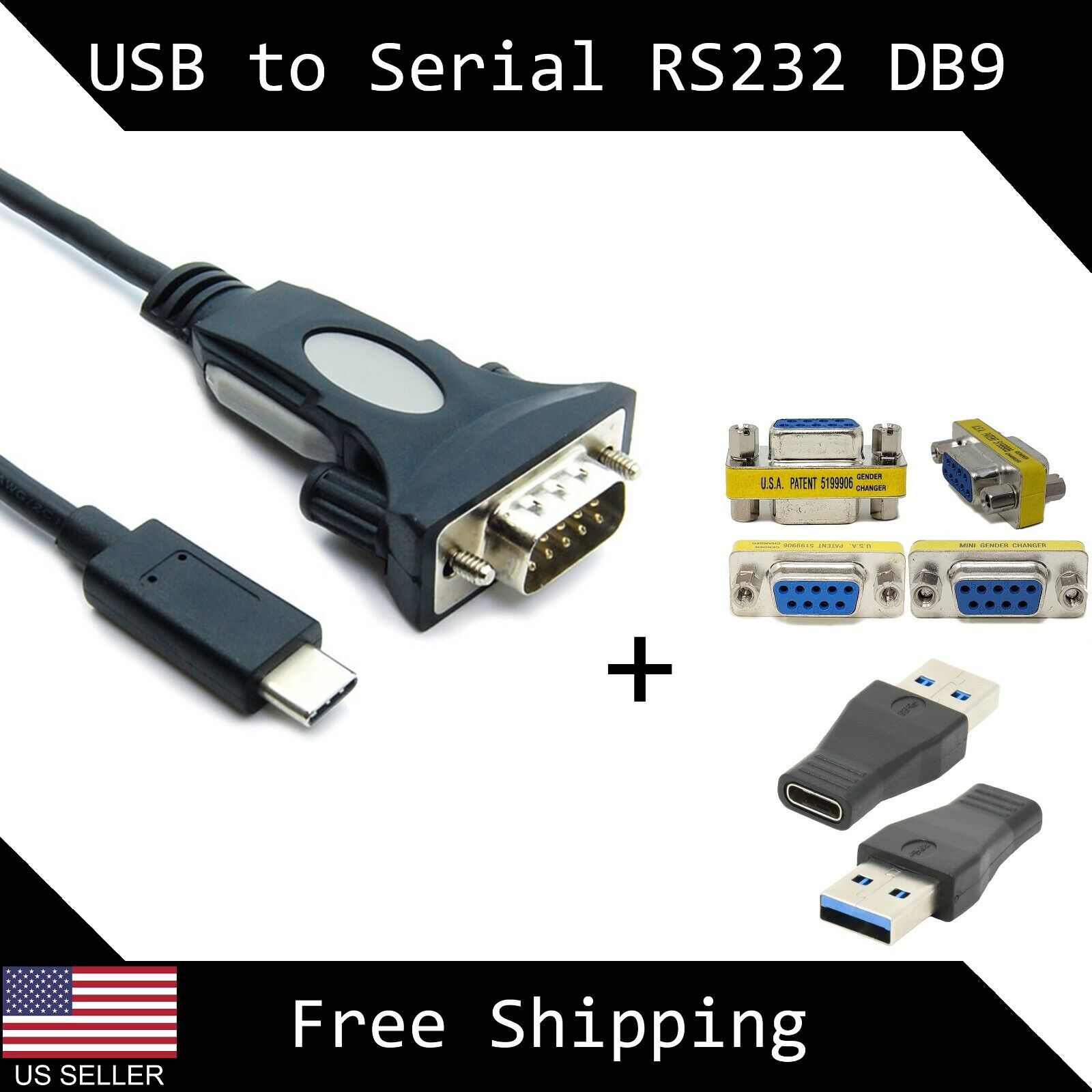 3ft USB 3.0 & USB-C to RS232 Serial Cable Adapter DB9 Male/Female FTDI Chipset