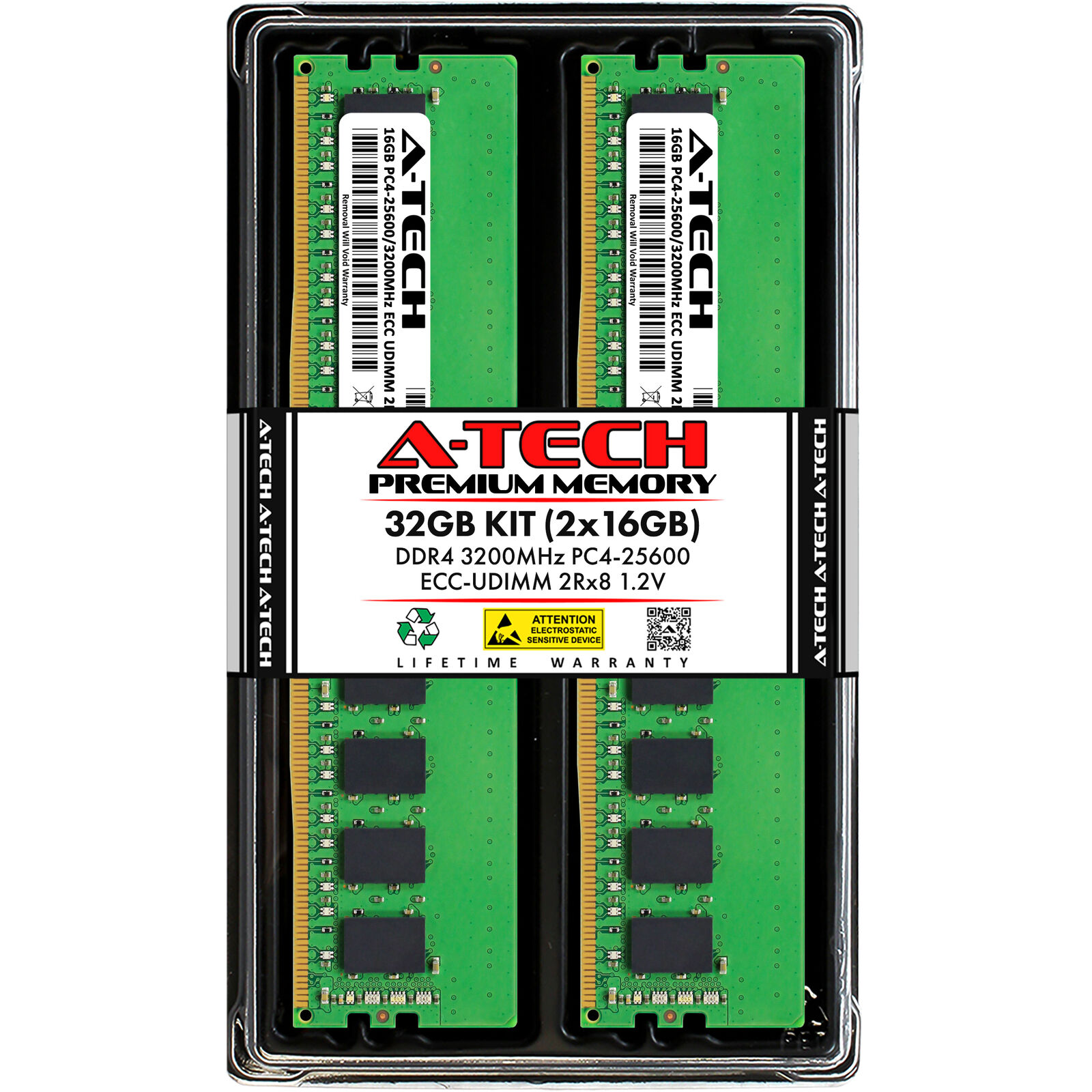 A-Tech 32GB 2x 16GB 2Rx8 PC4-25600 DDR4 3200 ECC UDIMM ECC Unbuffered Memory RAM
