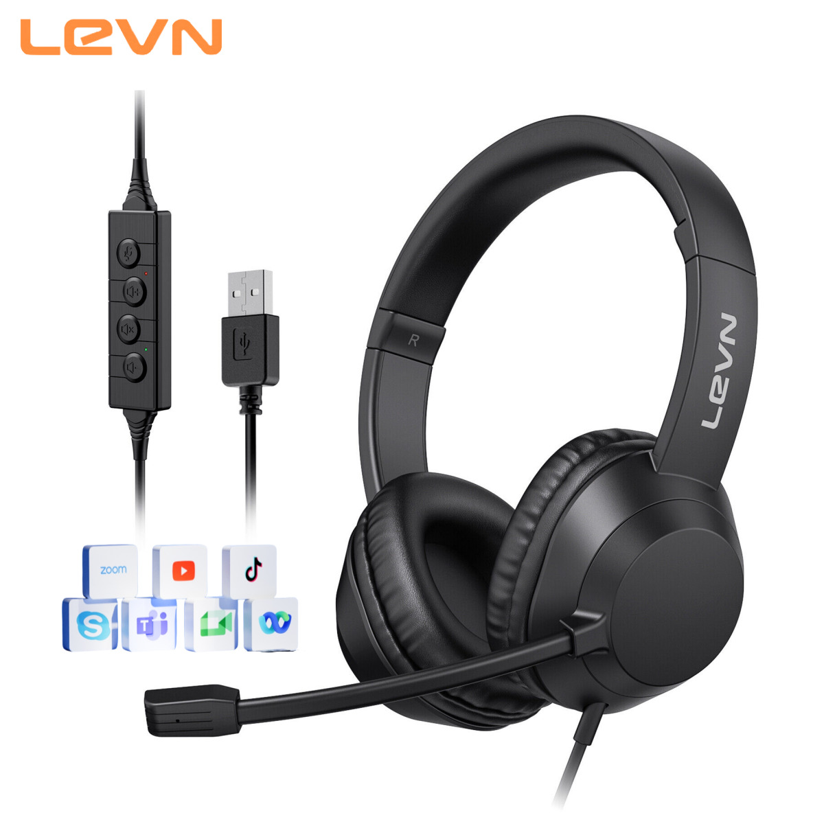 LEVN USB Headset For PC with Microphone Noise Cancelling & Audio Controls