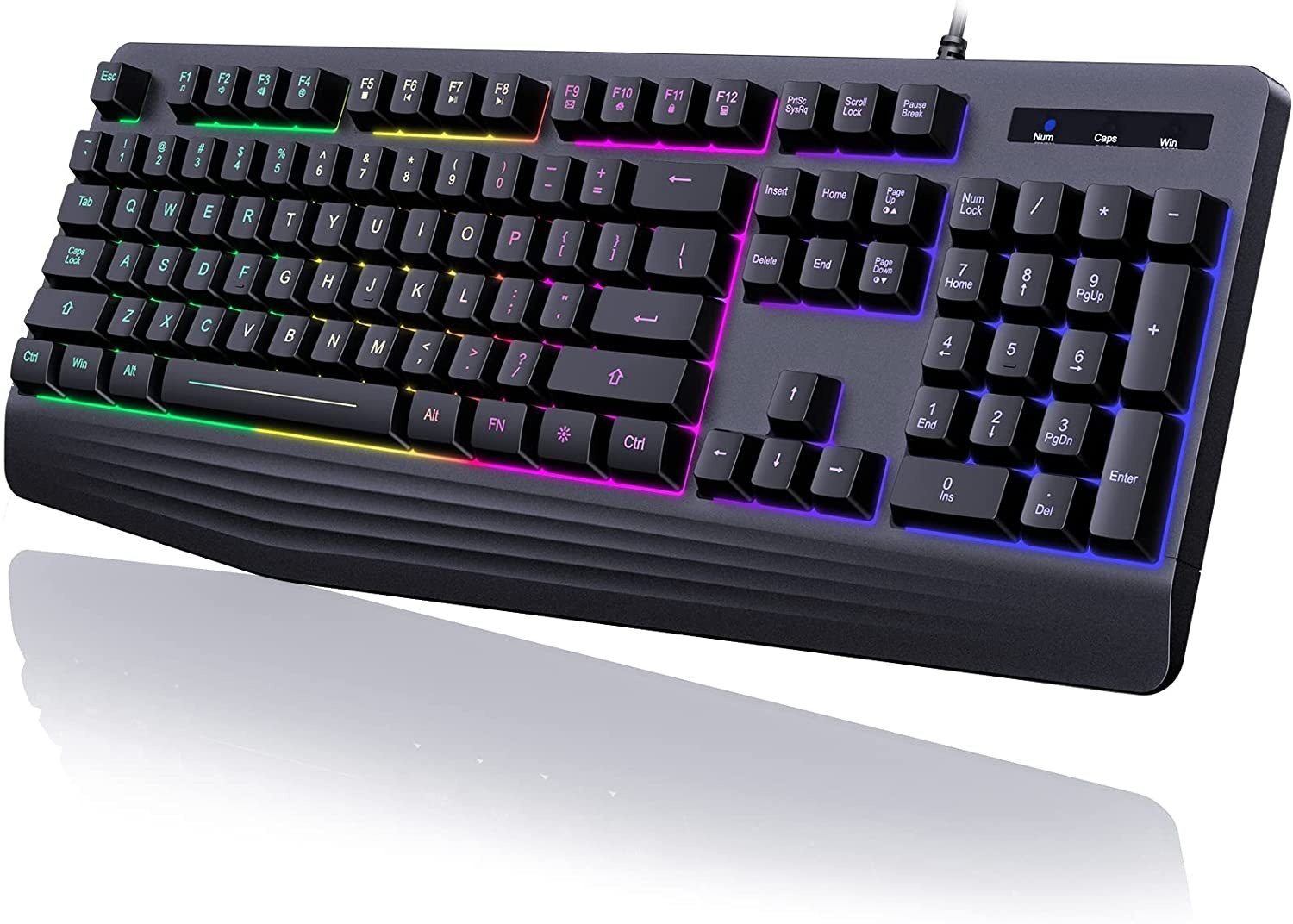 Gaming Keyboard, 7-Color Rainbow LED Backlit, 104 Keys Quiet Light up Keyboard, 