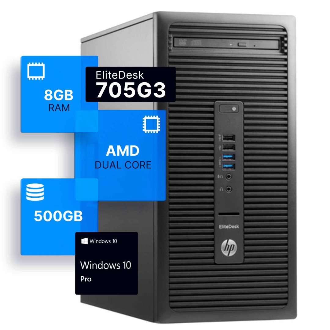 HP 705G3 Desktop Tower Dual-Core AMD A6 Tower PC 8GB RAM 500GB HDD Windows Pro