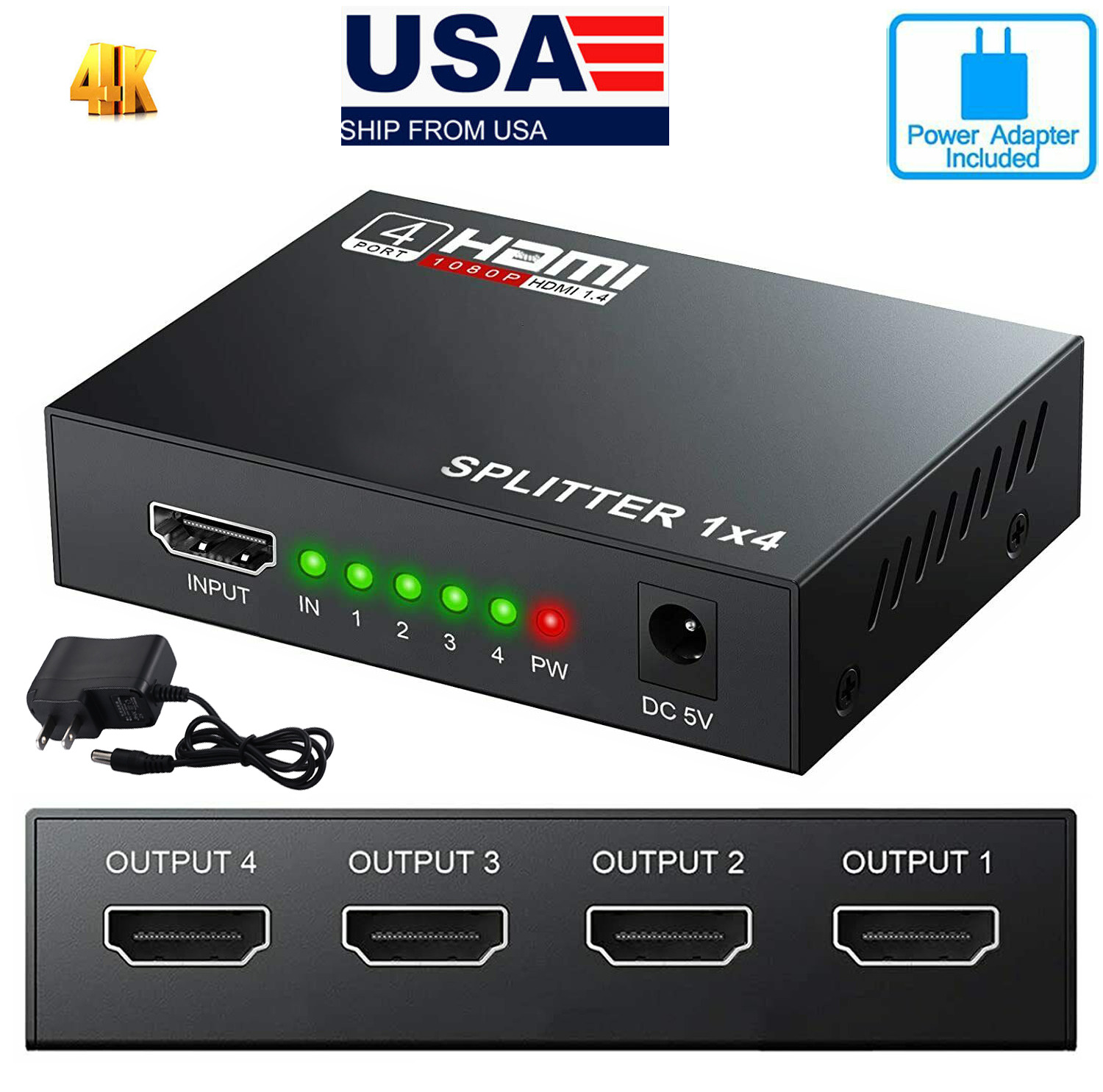 1080P 1 in 4out  HDMI-compatible Splitter 4 Port Hub Repeater Amplifier 3D 4K