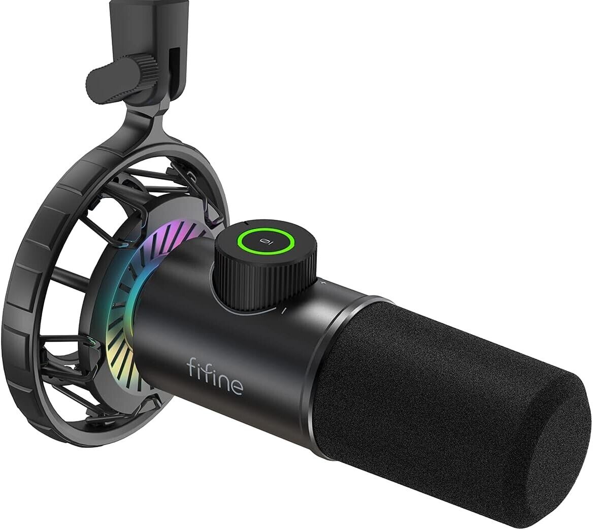 FIFINE USB Gaming Microphone, RGB Dynamic Mic for PC, with Tap-to-Mute Button