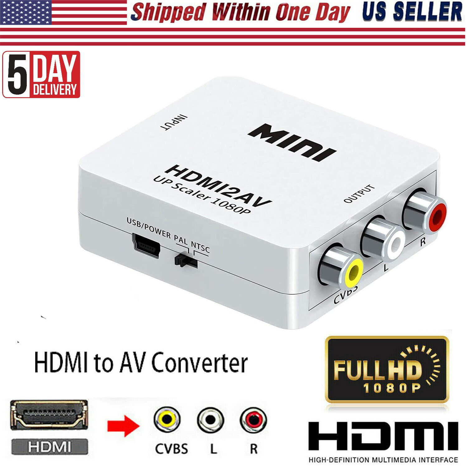 1080P Mini HDMI to AV RCA Converter Box CVBS Composite Video Audio Adapter