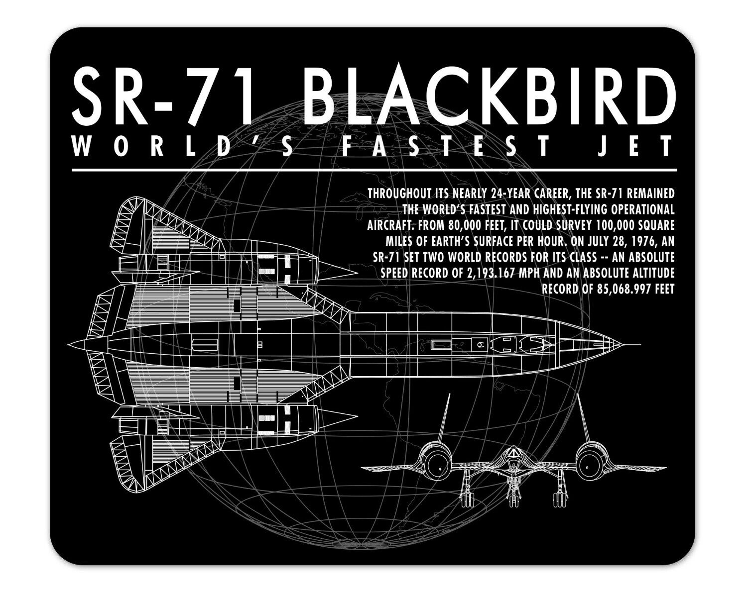 SR-71 Blackbird Mach 3 Schematic Mouse Pad 1/4 Thick