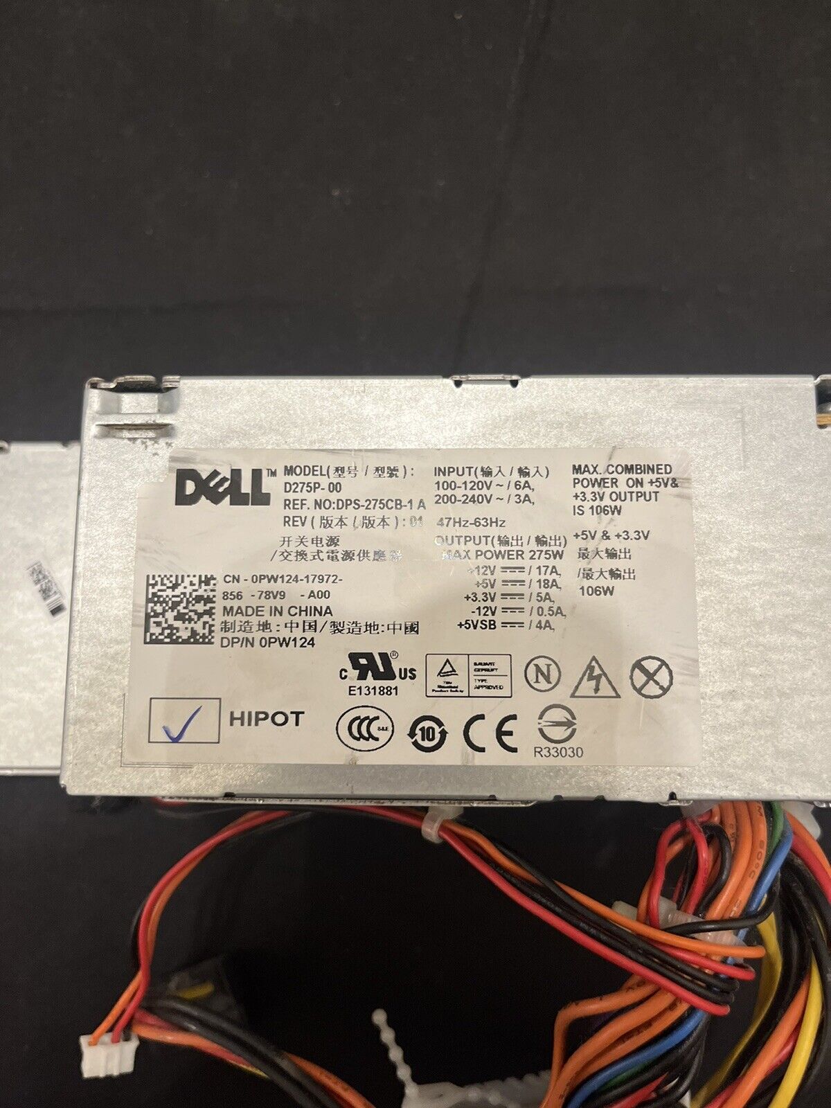 Dell 275w Power Supply DPS-275CB-1 A 0PW124