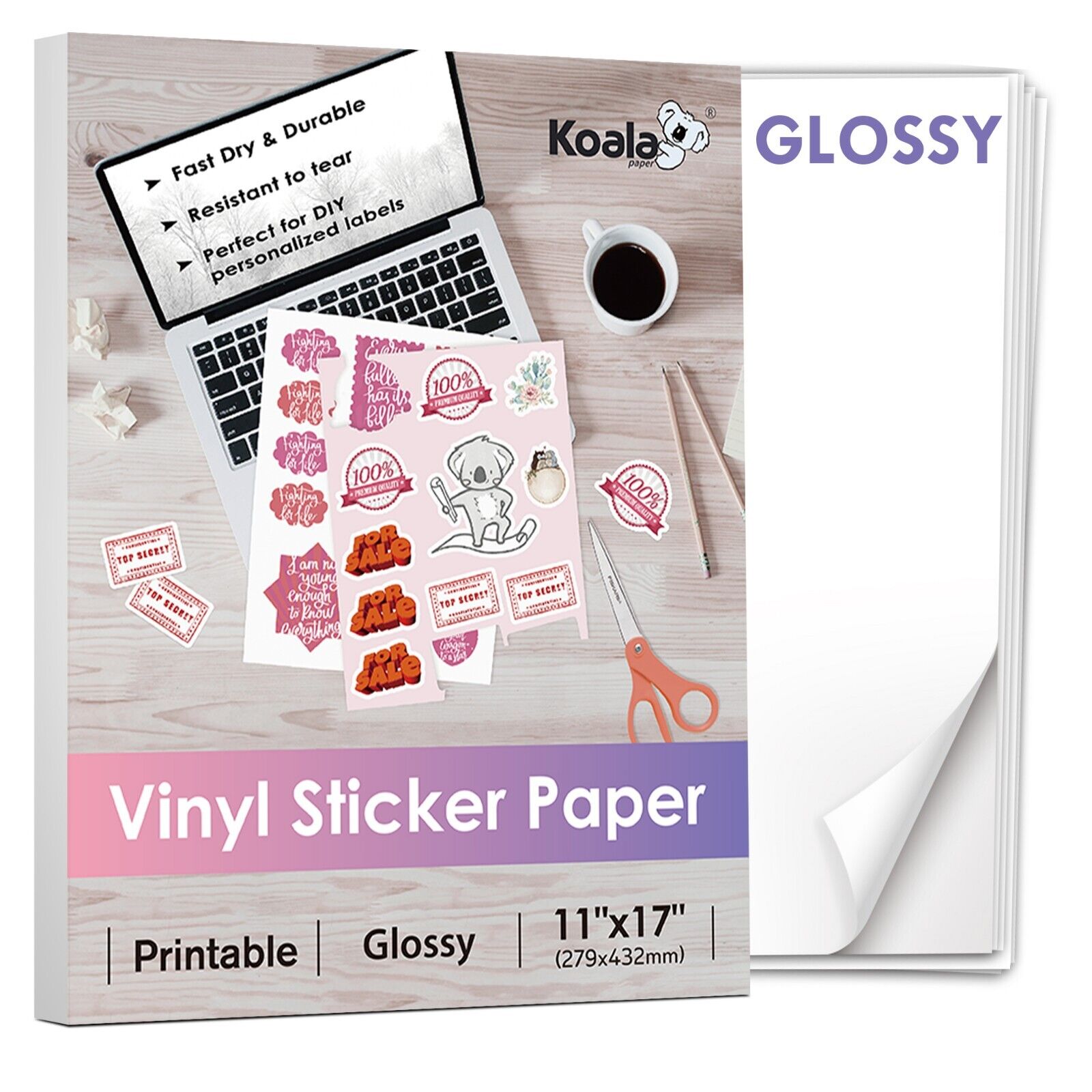 Lot 11x17 / 8.5x11 Glossy White KOALA Printable Vinyl Sticker Paper Water Proof