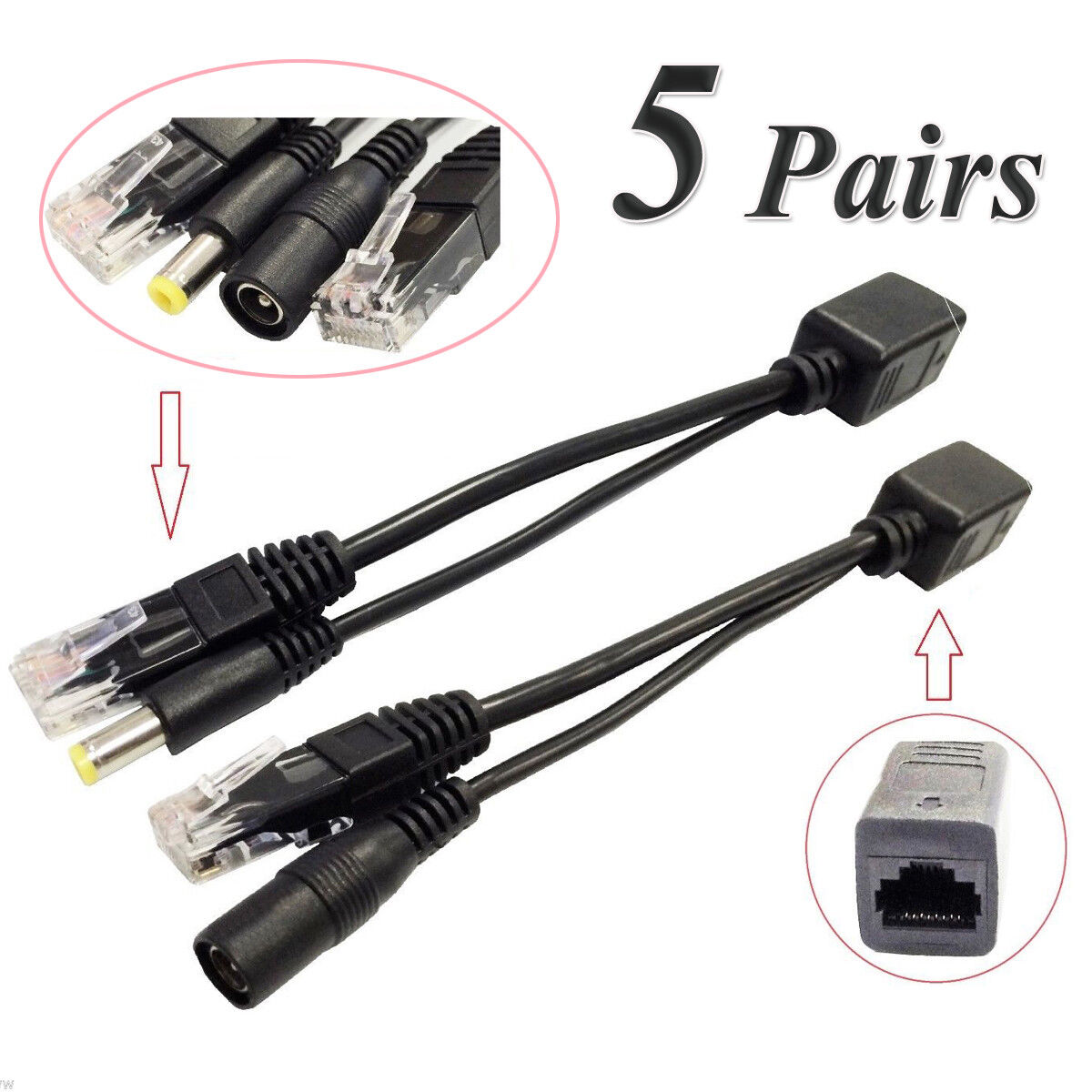 5 Set Pairs Power Over Ethernet Passive POE Injector Splitter Adapter Cable Kit