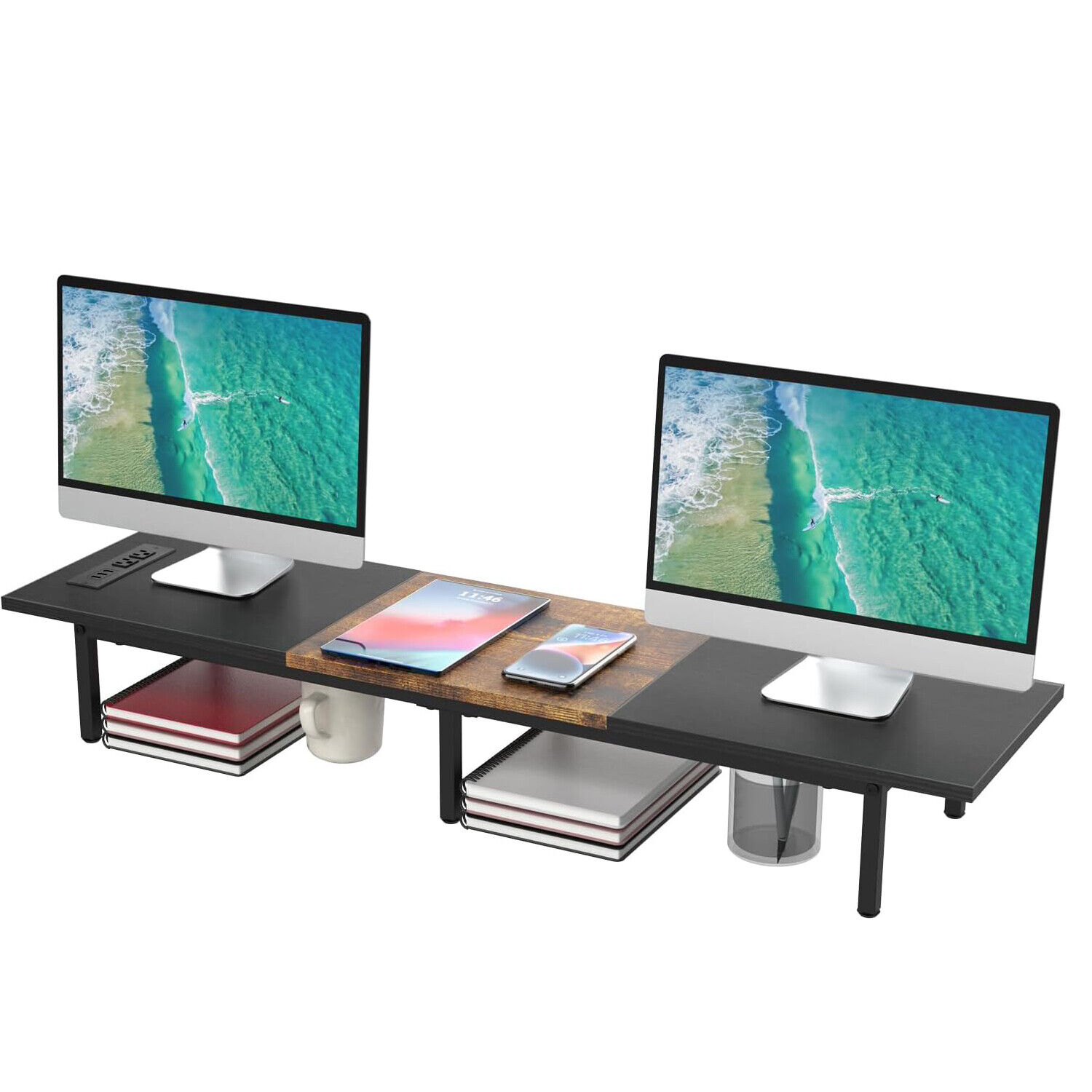 Dual Monitor Stand Riser, Large Sturdy Wood & Steel Computer Monitor Stand Riser