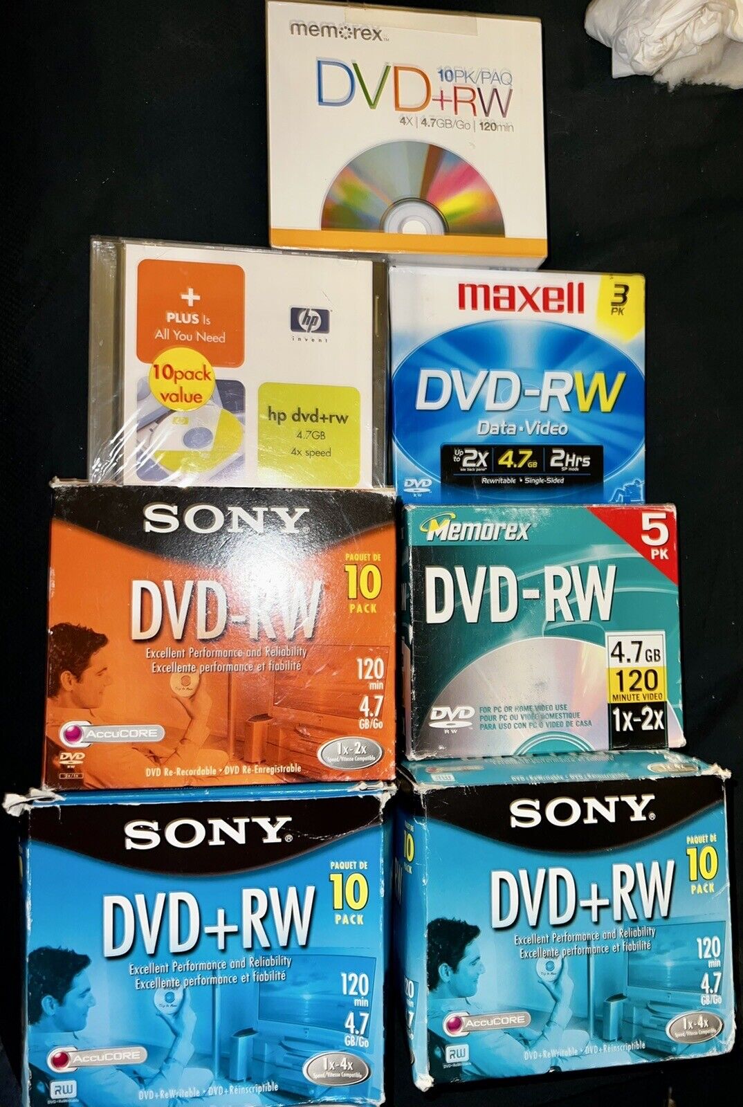 HUGE LOT OF 56 SONY MAXELL HP MEMOREX 4.7GB DVD+RW Disc 120 Minutes New/Sealed