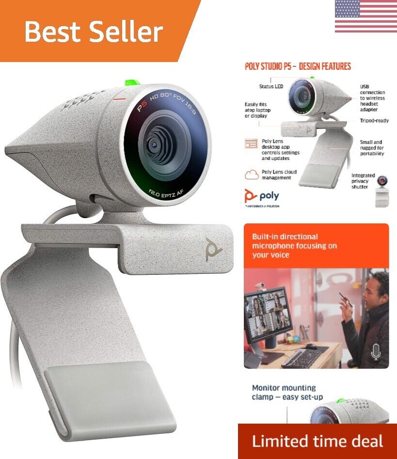 Poly P5 Webcam for Video Conference & Distance Learning - Mountable - Shutter