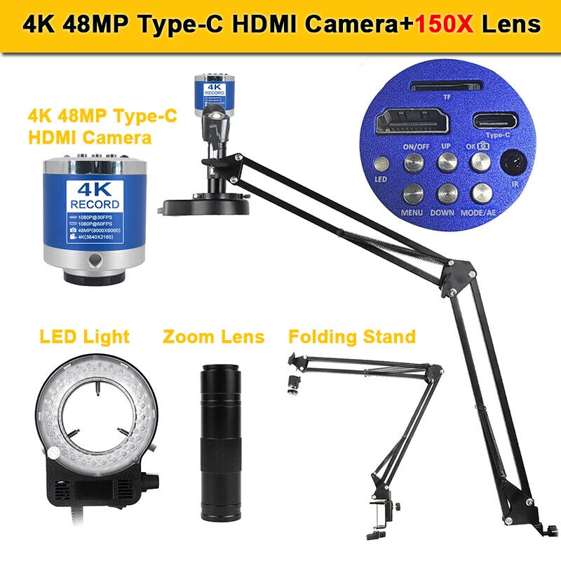 Soldering 150X Zoom Lens Digital Microscope Cam HD 4K 48MP 1080P Type-C HDMI Set