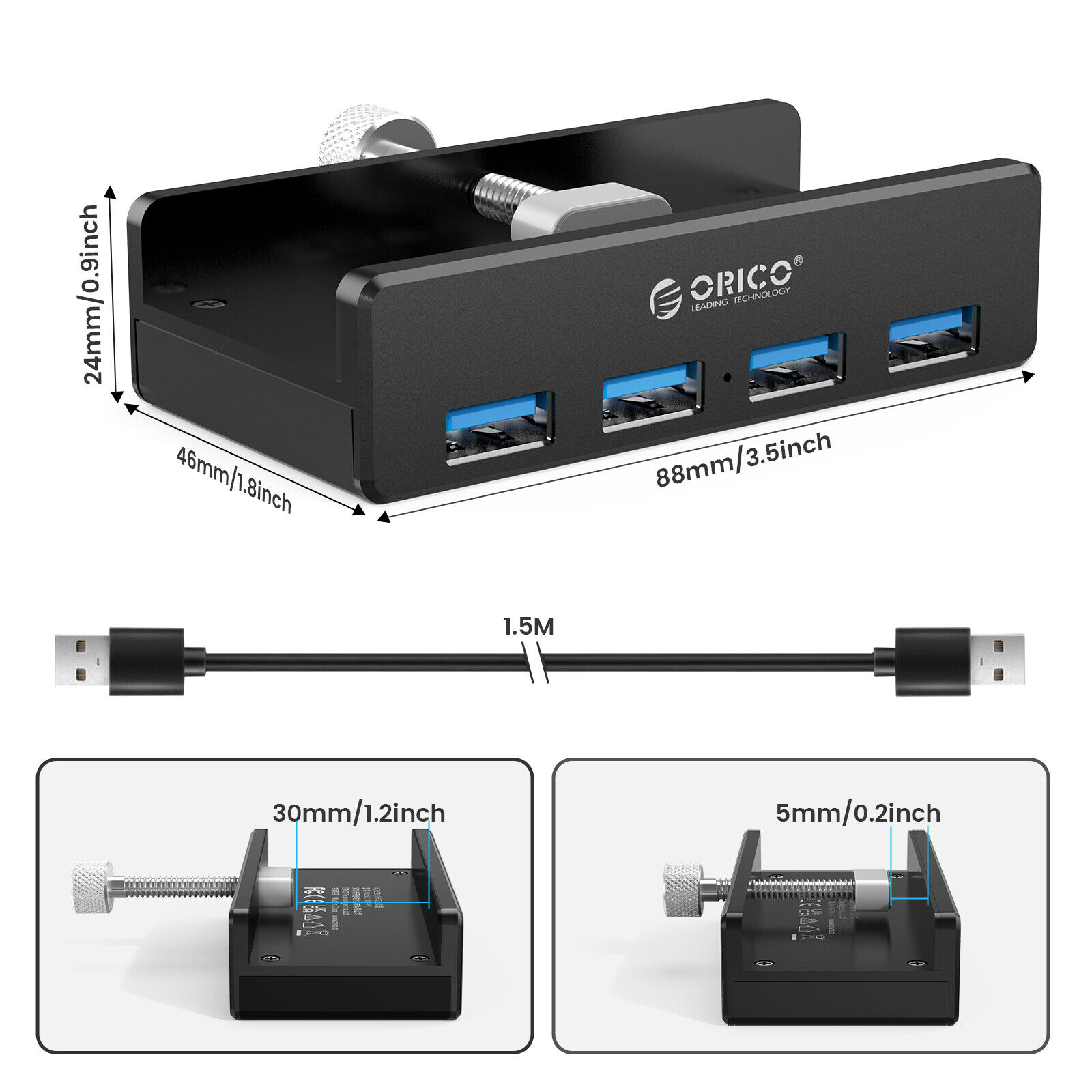 ORICO USB 3.0 Hub Aluminum 4Port USB Hub Clamp Powered USB Splitter A to C Cable