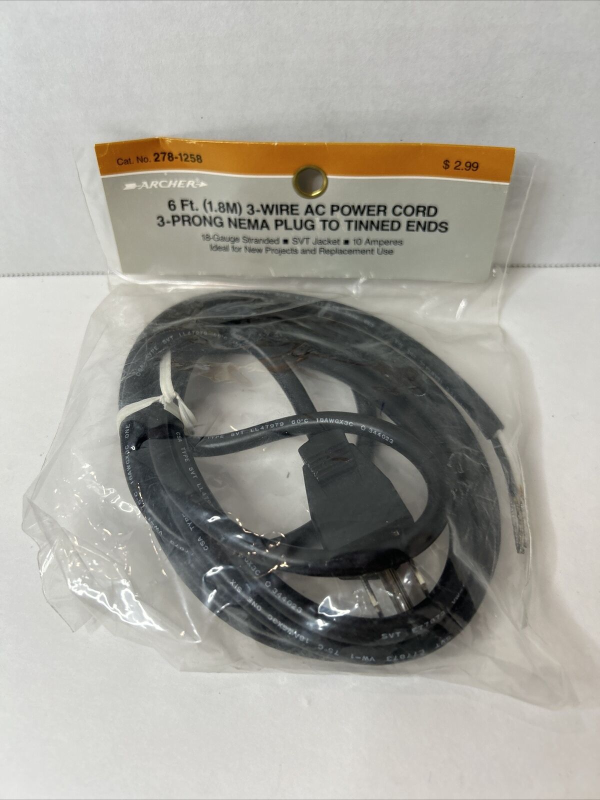 NOS Radio Shack Archer 6 ft 3-Wire AC Power Cord 3 Prong Tinned 18 Gauge NIP