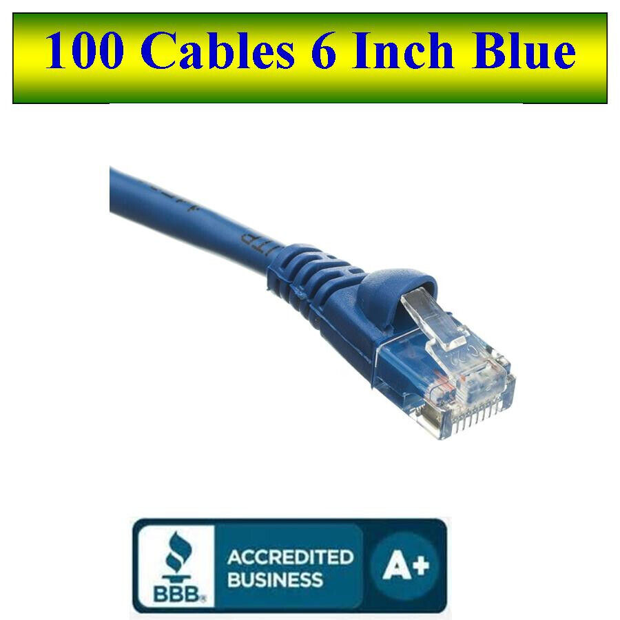 Pack of 100 Cables Snagless 6 inch Cat5e Blue Network Ethernet Patch Cable