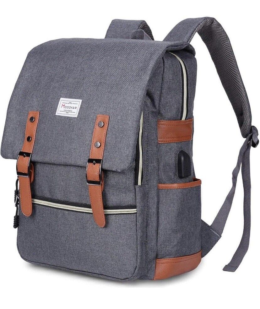 Modoker Vintage 15 inch Laptop Backpack with USB Charging - Gray