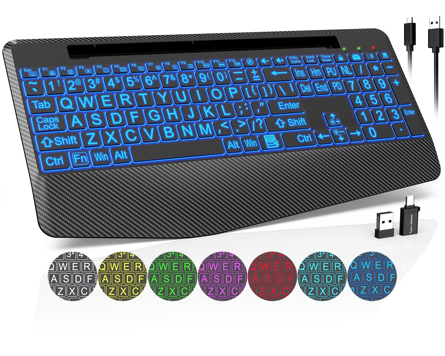 Wireless Keyboard with 7 Colored Backlits, Wrist Rest, Holder, Rechargeable E...