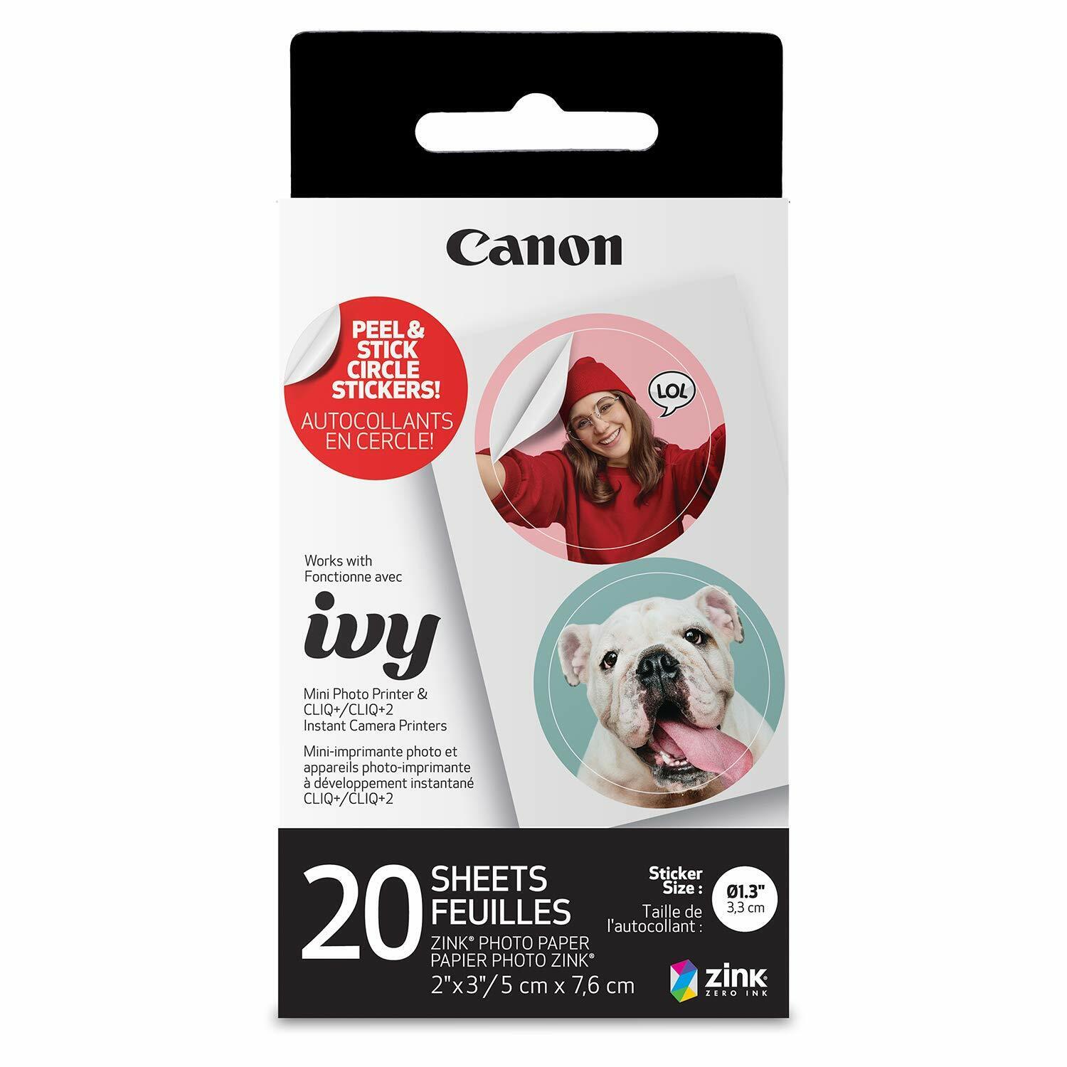 New Canon IVY ZINK Pre-Cut Circle Sticker Paper, 20 Sheets