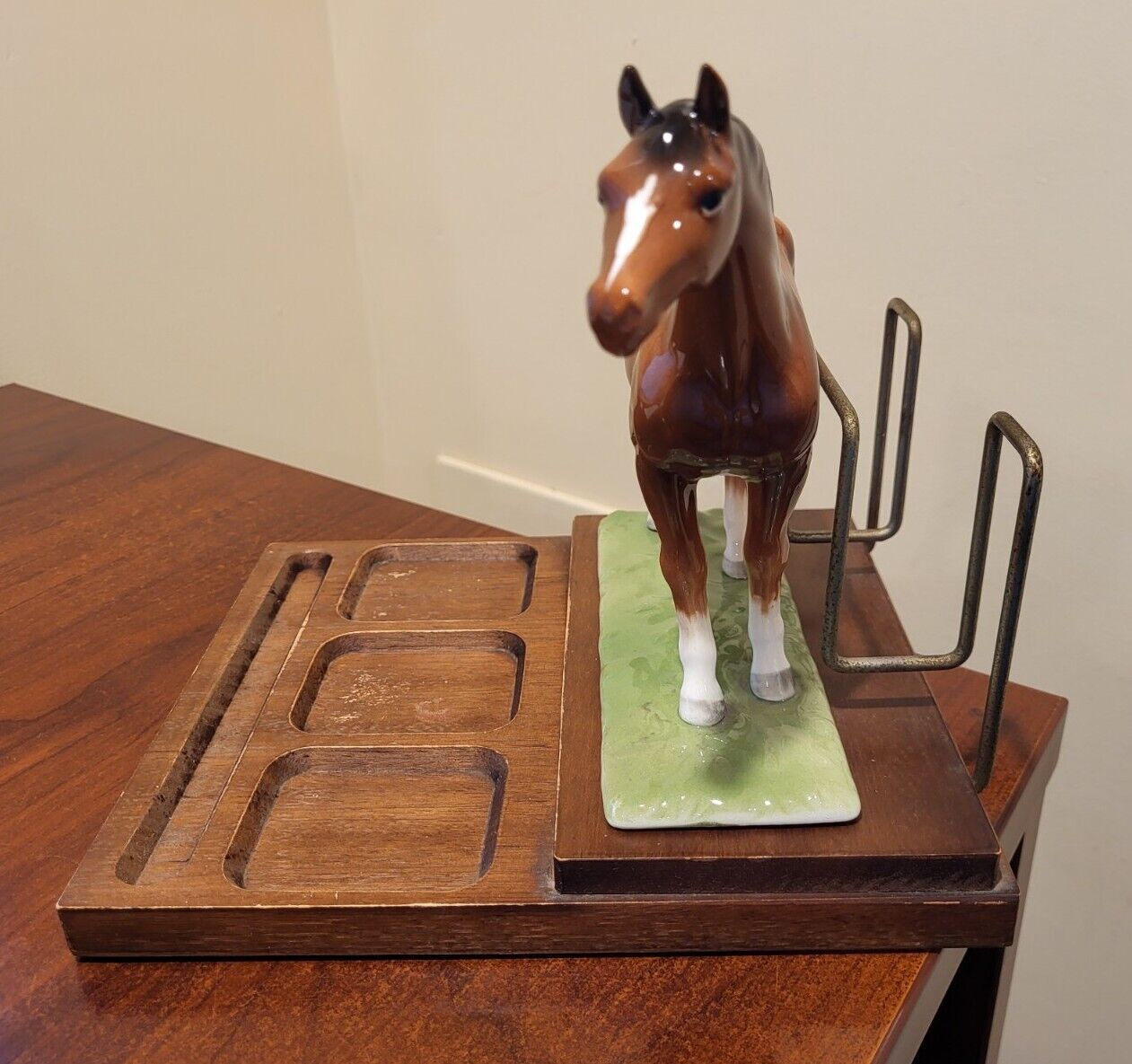 VINTAGE  Wood Desk Mail Tray Organizer with Ceramic Horse  9x7  UNIQUE