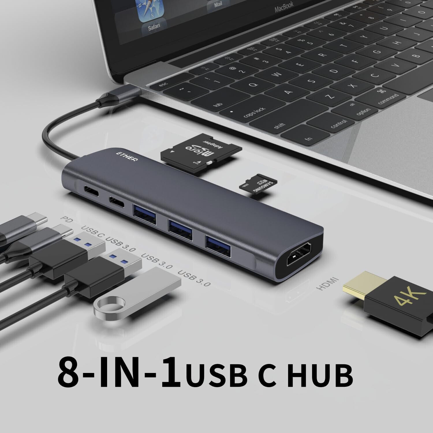 USB C HDMI Docking Station, 100W, 4K, 5 Gbps USB C + 3 USB 3 ports, SD + MicroSD