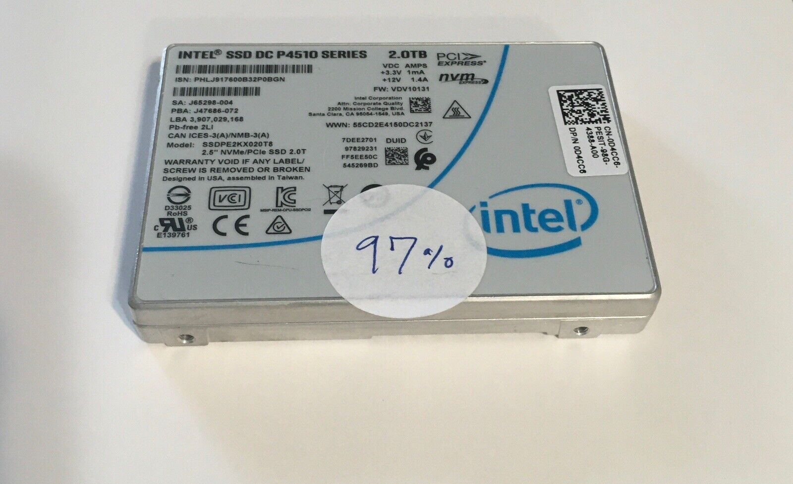 Intel SSD DC p4510 Series 2.0TB 2.5” NVMe/PCIe 97% Percent Lifetime Remaing